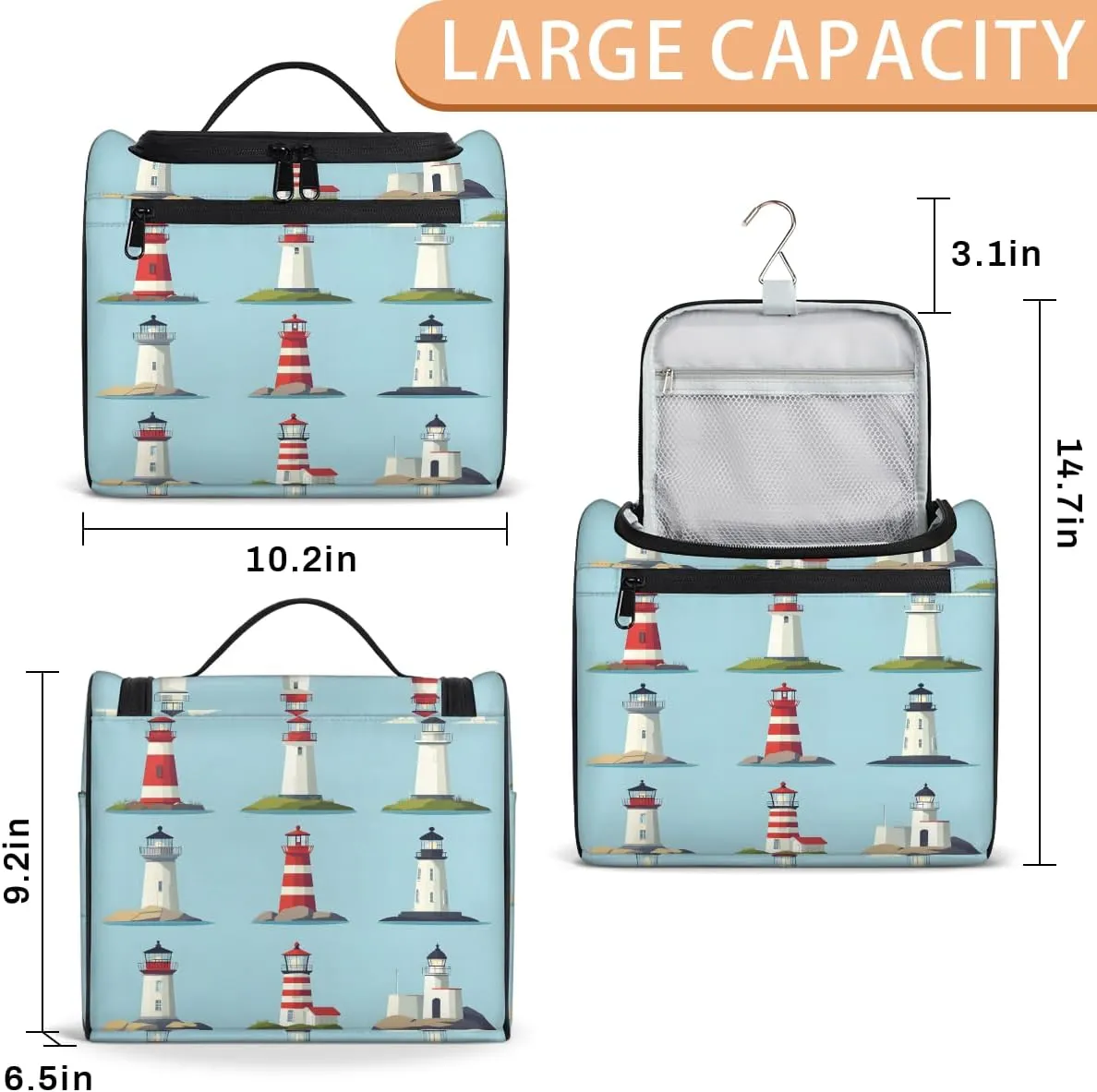 Lighthouse Travel Toiletry Bag for Women Large Capacity Wide-open Makeup Organizer Cosmetic Travel Bags for Toiletries, Ocean Theme