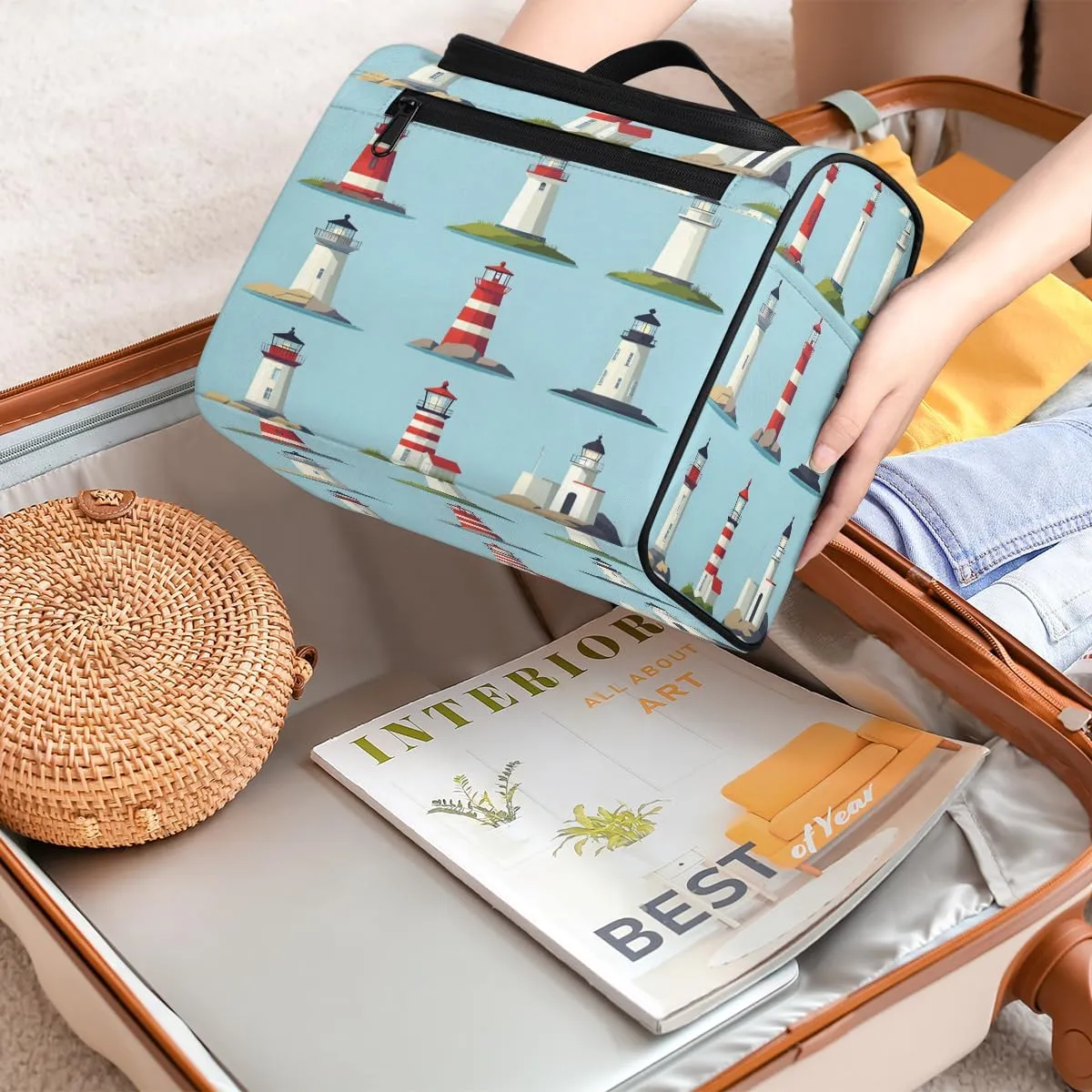Lighthouse Travel Toiletry Bag for Women Large Capacity Wide-open Makeup Organizer Cosmetic Travel Bags for Toiletries, Ocean Theme