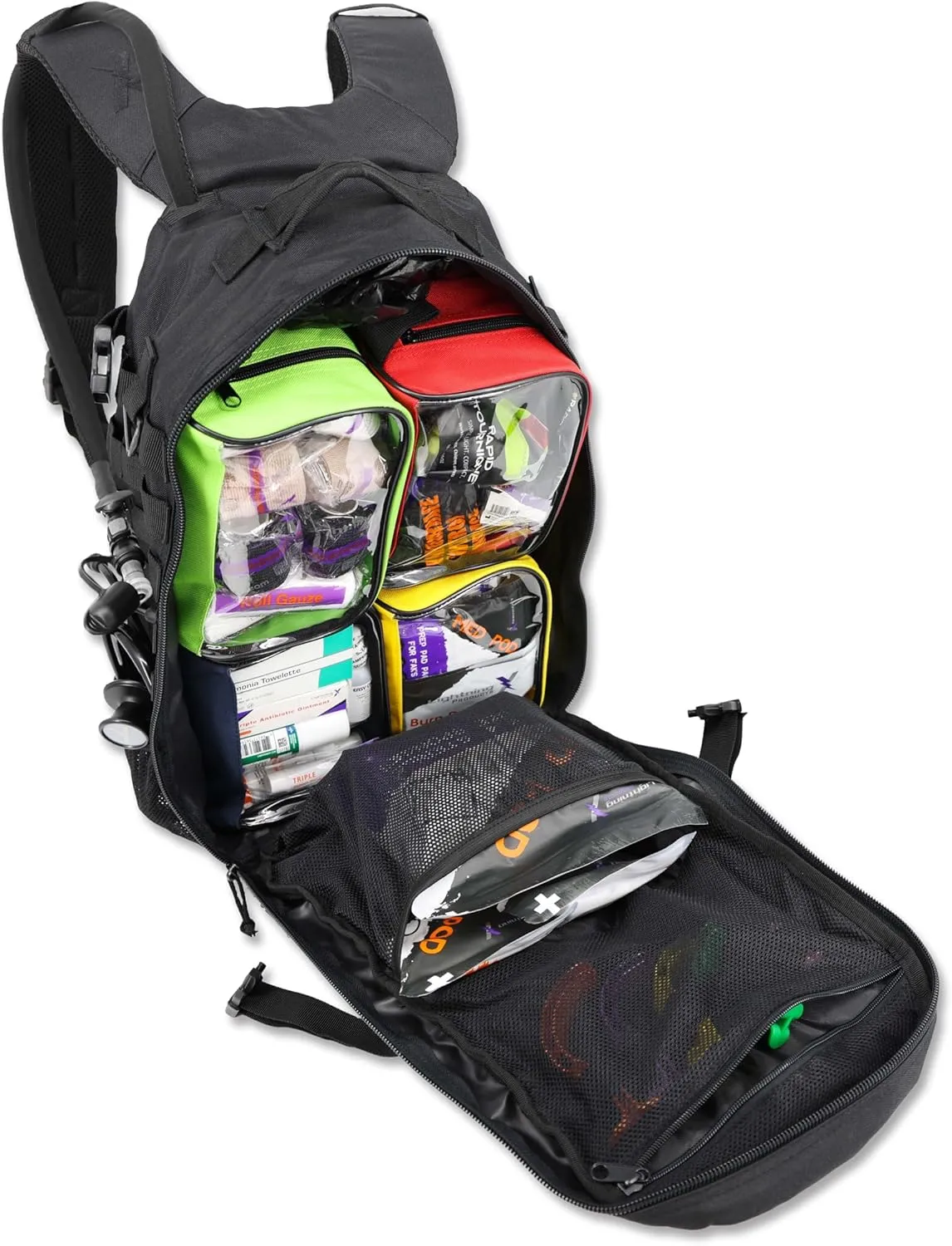 Lightning X Fully Stocked TacMed First Responder Trauma Medical Backpack EMT Kit | MB45-SKF | w/Professional First Aid Emergency Supplies (Black w/Hydration Bladder)