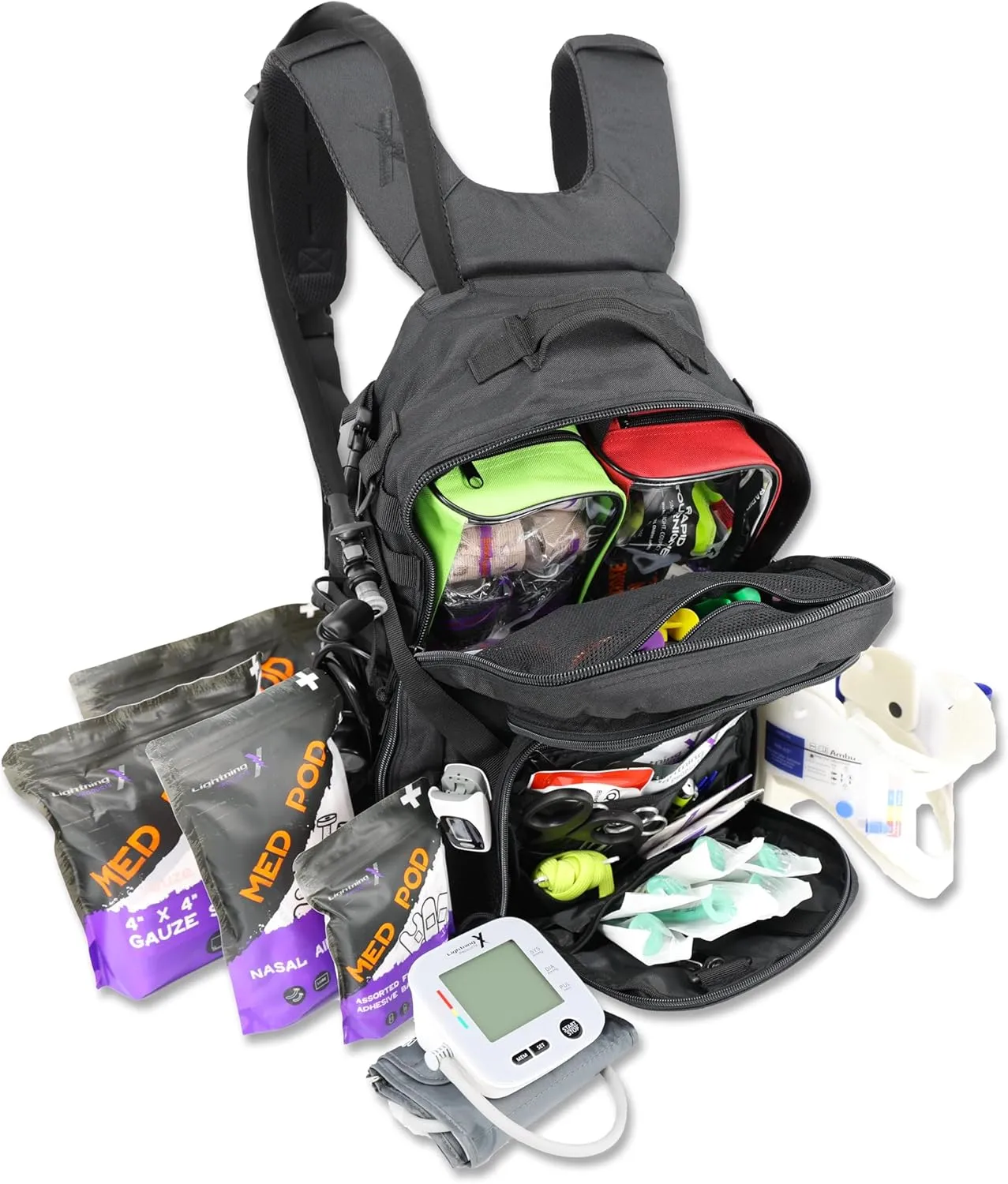 Lightning X Fully Stocked TacMed First Responder Trauma Medical Backpack EMT Kit | MB45-SKF | w/Professional First Aid Emergency Supplies (Black w/Hydration Bladder)