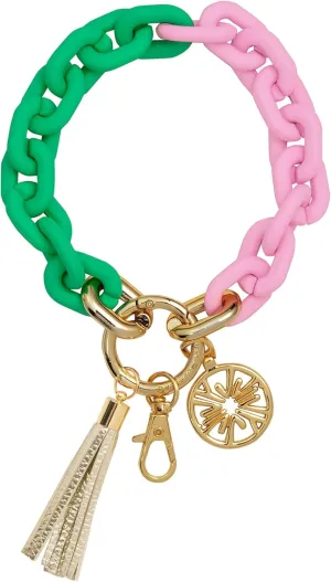Lilly Pulitzer Chain Link Keychain Bracelet, Keychain Wristlet with Tassel, Cute Key Ring Bracelet for Women (Conch Shell Pink/Spearmint)