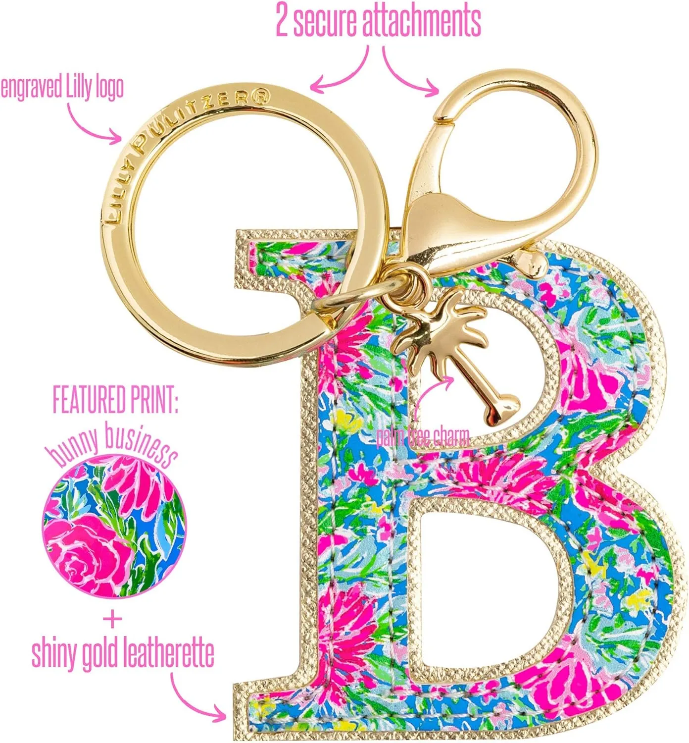Lilly Pulitzer Leatherette Initial Keychain, Letter Bag Charm for Women