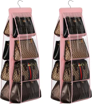 Lirex 2-Pack Handbag Hanging Purse Organizer for Closet, 8 Pocket Handbag Storage Organizer Hanger Oxford Cloth Closet Organizer for Family Closet Bedroom, Foldable and Universal Fit, Light Pink