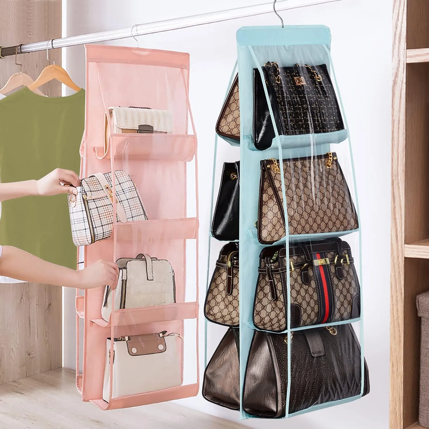 Lirex 2-Pack Handbag Hanging Purse Organizer for Closet, 8 Pocket Handbag Storage Organizer Hanger Oxford Cloth Closet Organizer for Family Closet Bedroom, Foldable and Universal Fit, Light Pink