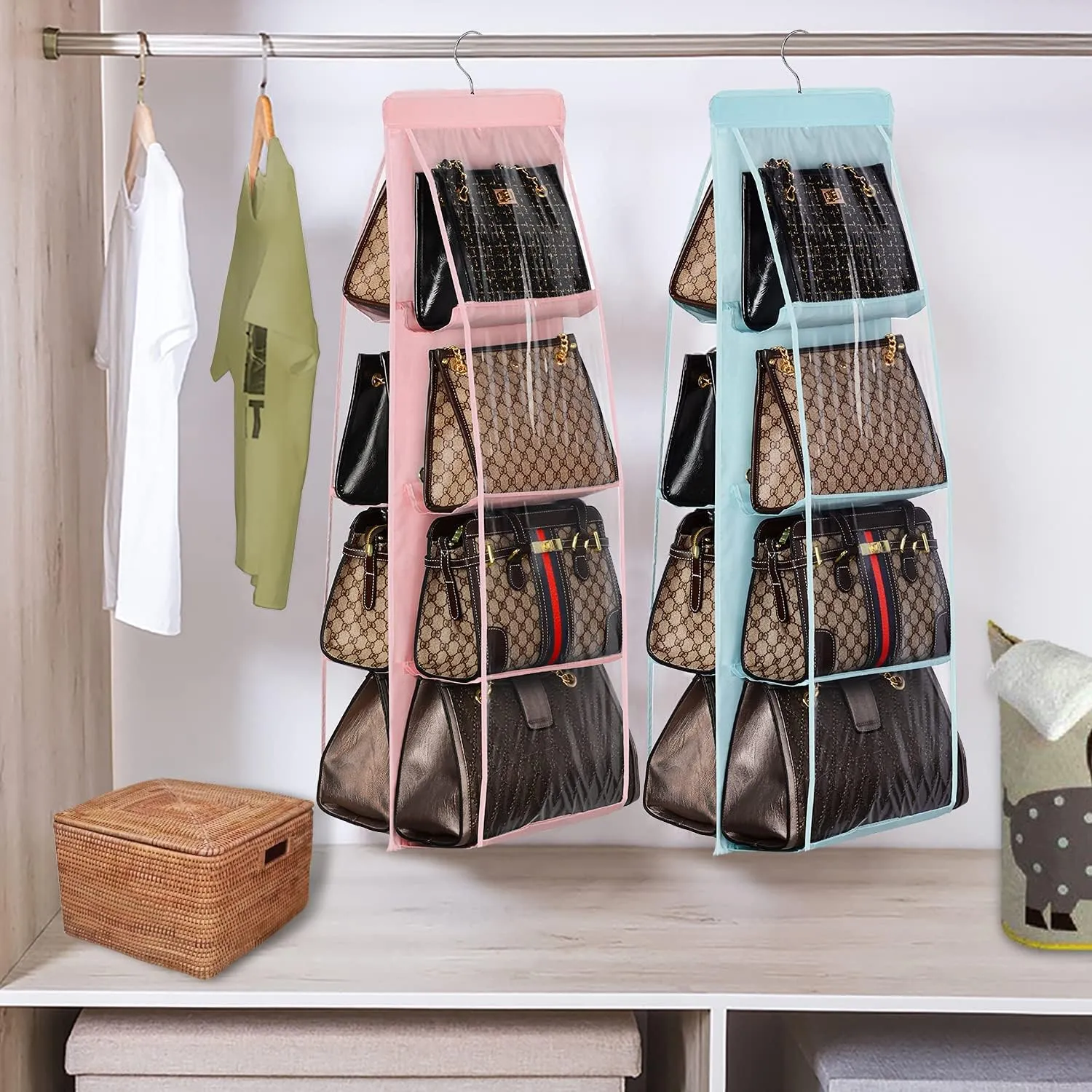 Lirex 2-Pack Handbag Hanging Purse Organizer for Closet, 8 Pocket Handbag Storage Organizer Hanger Oxford Cloth Closet Organizer for Family Closet Bedroom, Foldable and Universal Fit, Light Pink