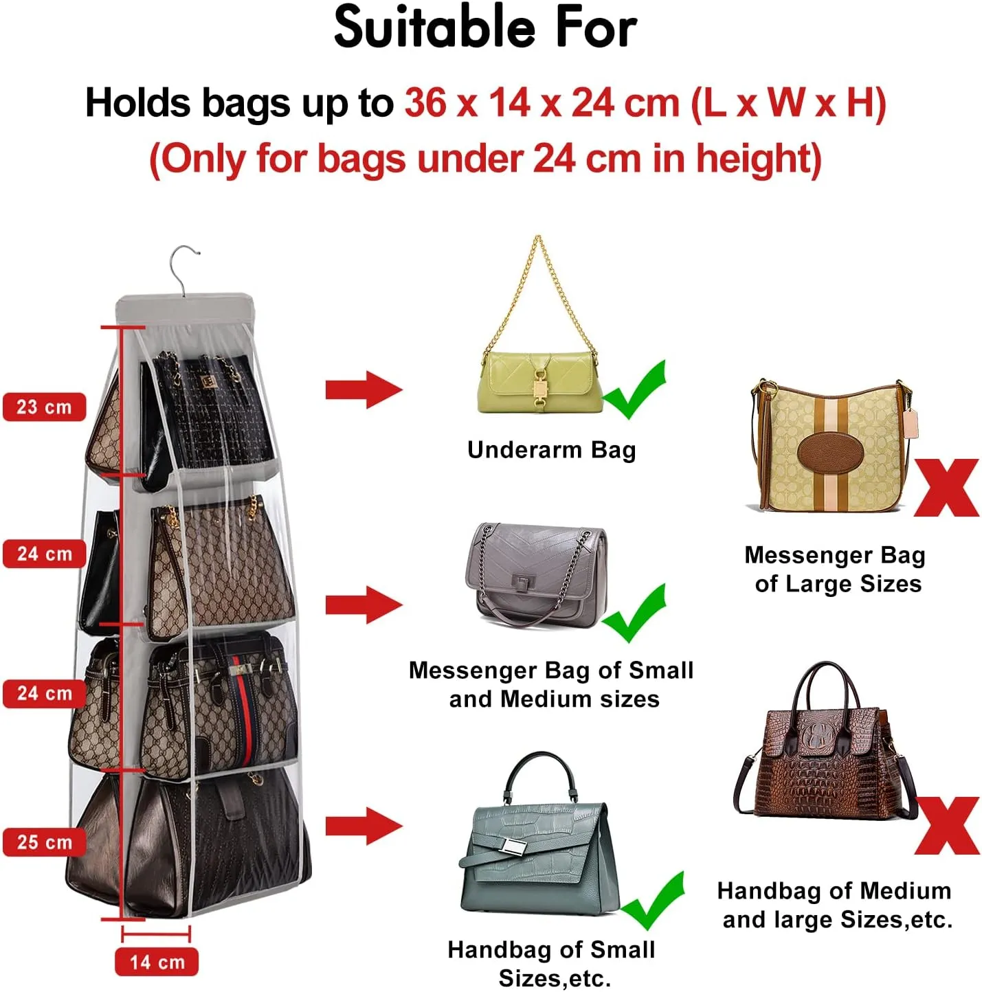 Lirex 2-Pack Handbag Hanging Purse Organizer for Closet, 8 Pocket Handbag Storage Organizer Hanger Oxford Cloth Closet Organizer for Family Closet Bedroom, Foldable and Universal Fit, Light Pink