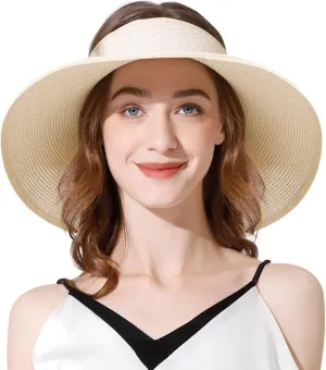 Livingston Sun Visors for Women UV Protection Roll Up Wide Brim Packable Ponytail Beach Straw Hat