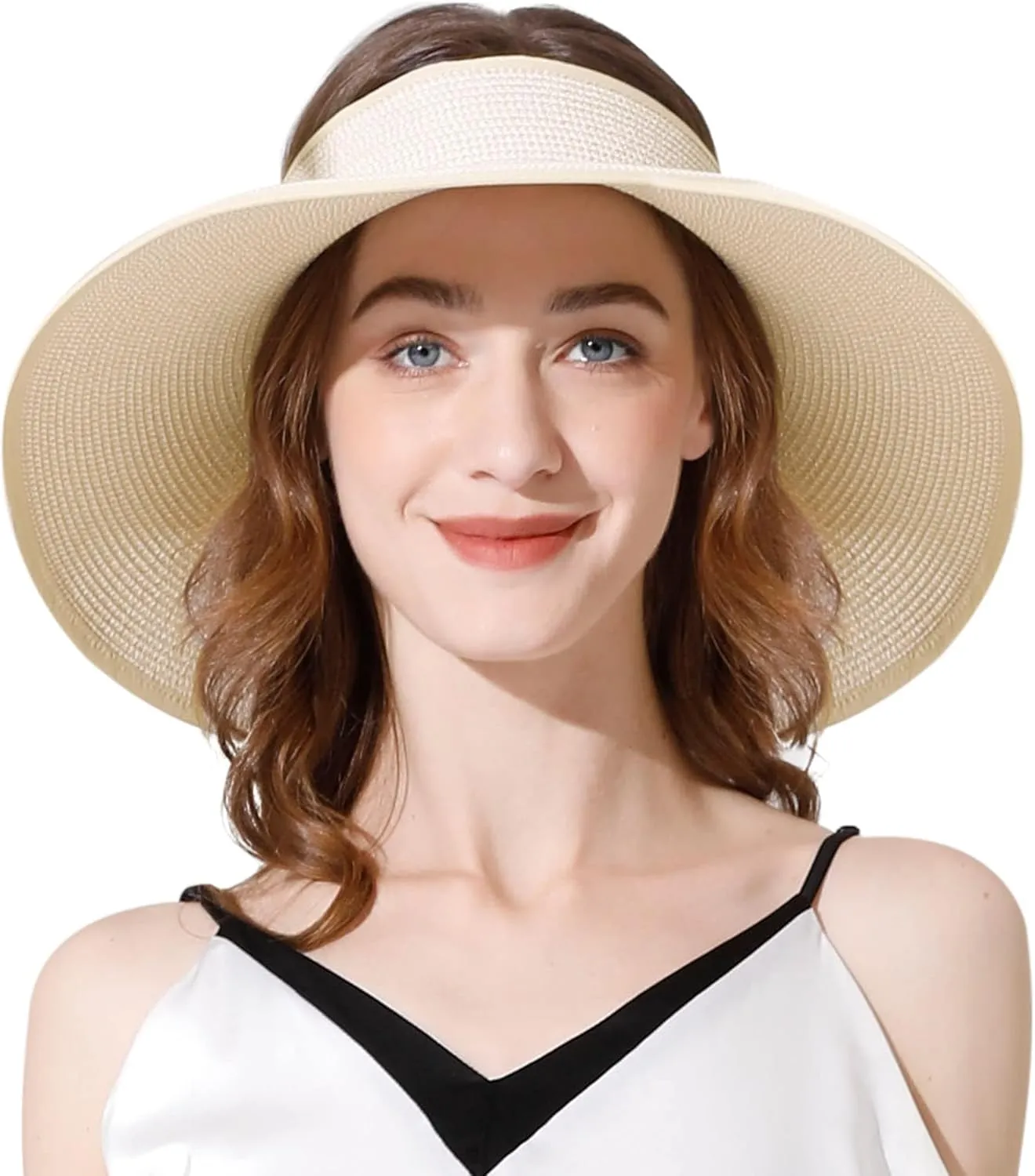 Livingston Sun Visors for Women UV Protection Roll Up Wide Brim Packable Ponytail Beach Straw Hat