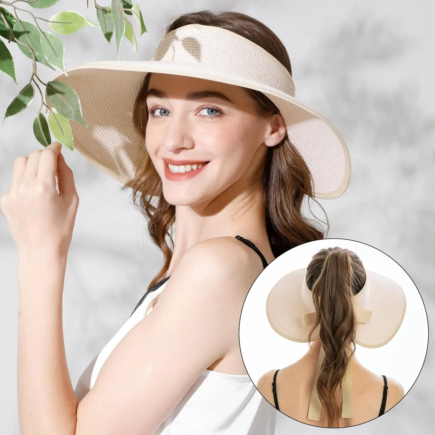 Livingston Sun Visors for Women UV Protection Roll Up Wide Brim Packable Ponytail Beach Straw Hat