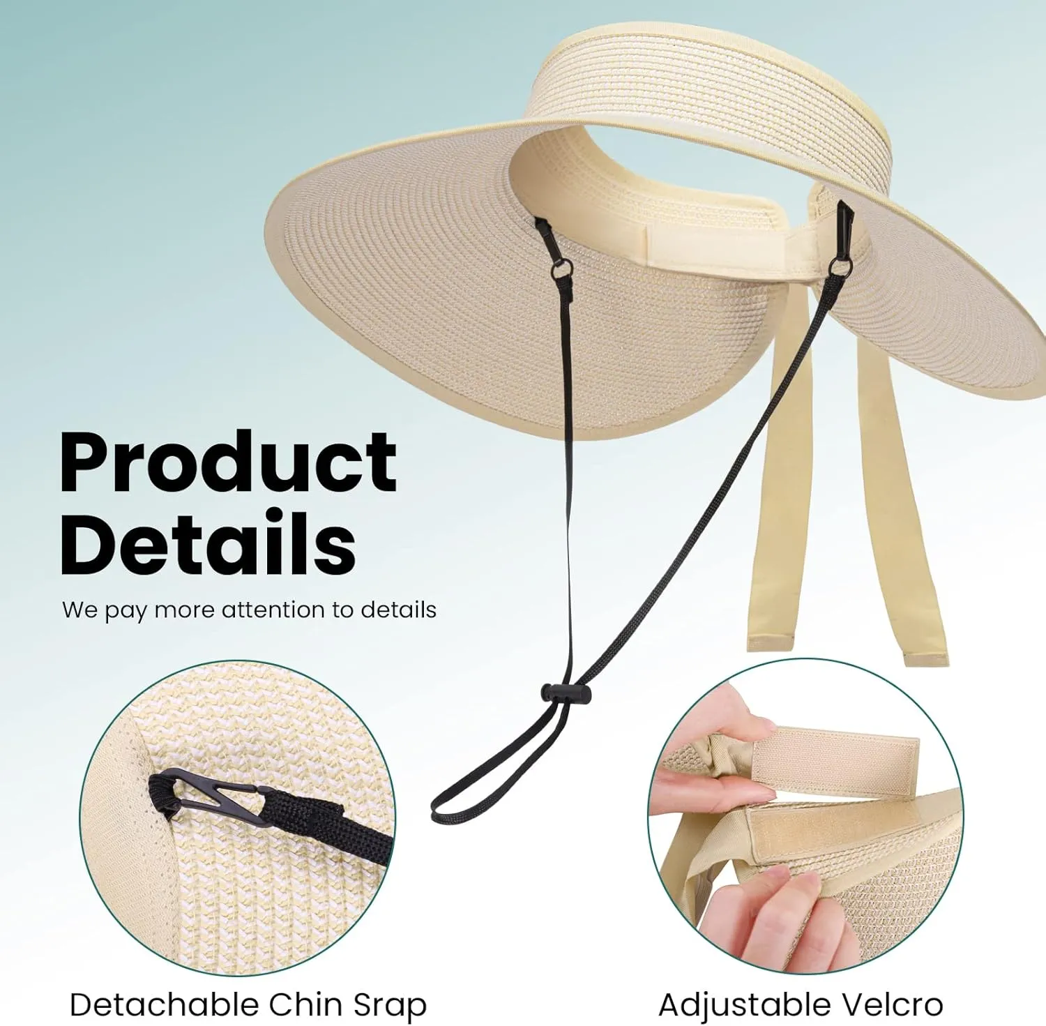 Livingston Sun Visors for Women UV Protection Roll Up Wide Brim Packable Ponytail Beach Straw Hat