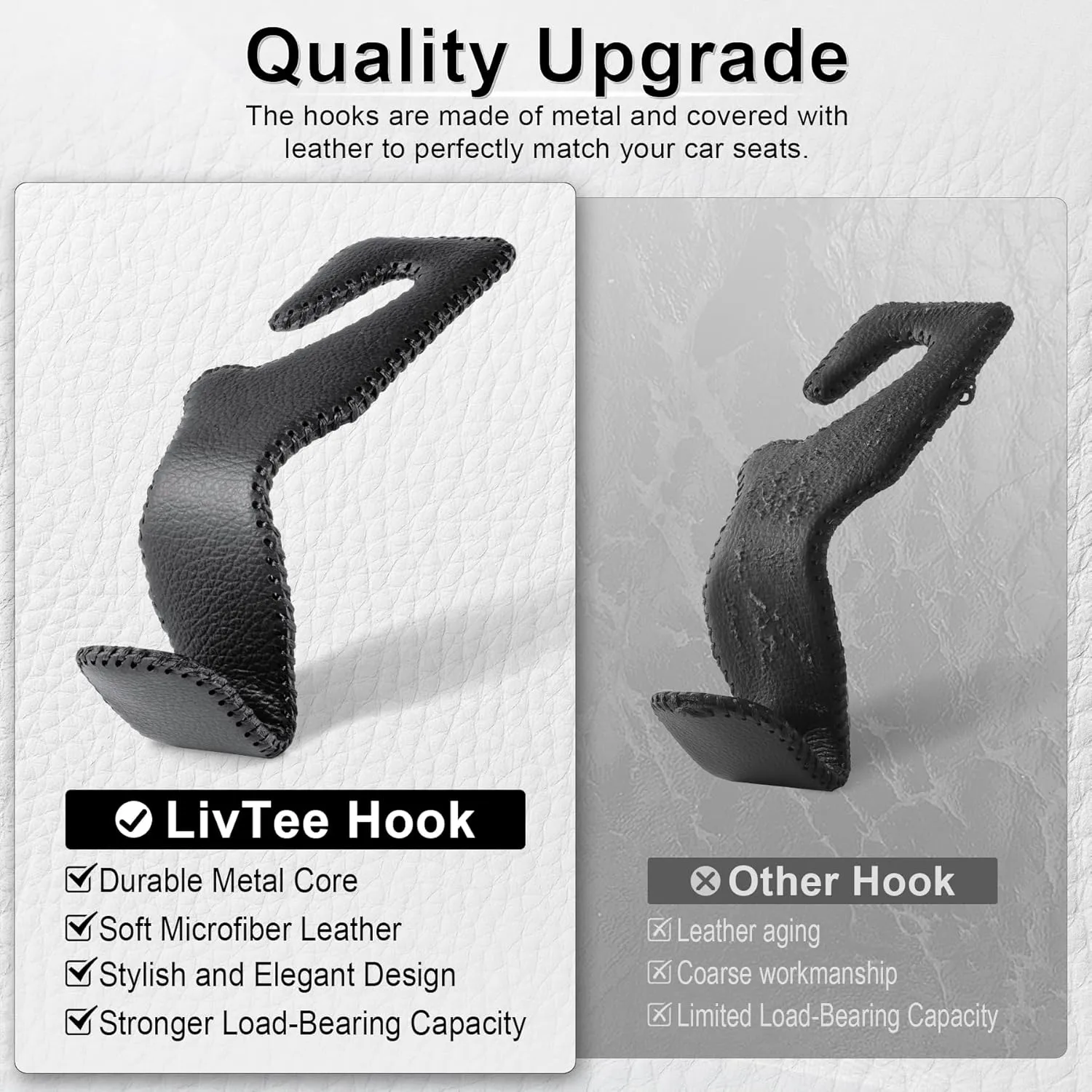 LivTee Headrest Hook for Car, Back Seat Organizer Black Leather Hanger Holder Hook, Interior Car Accessories for Hanging Purses Bags Coats, 4 Pack