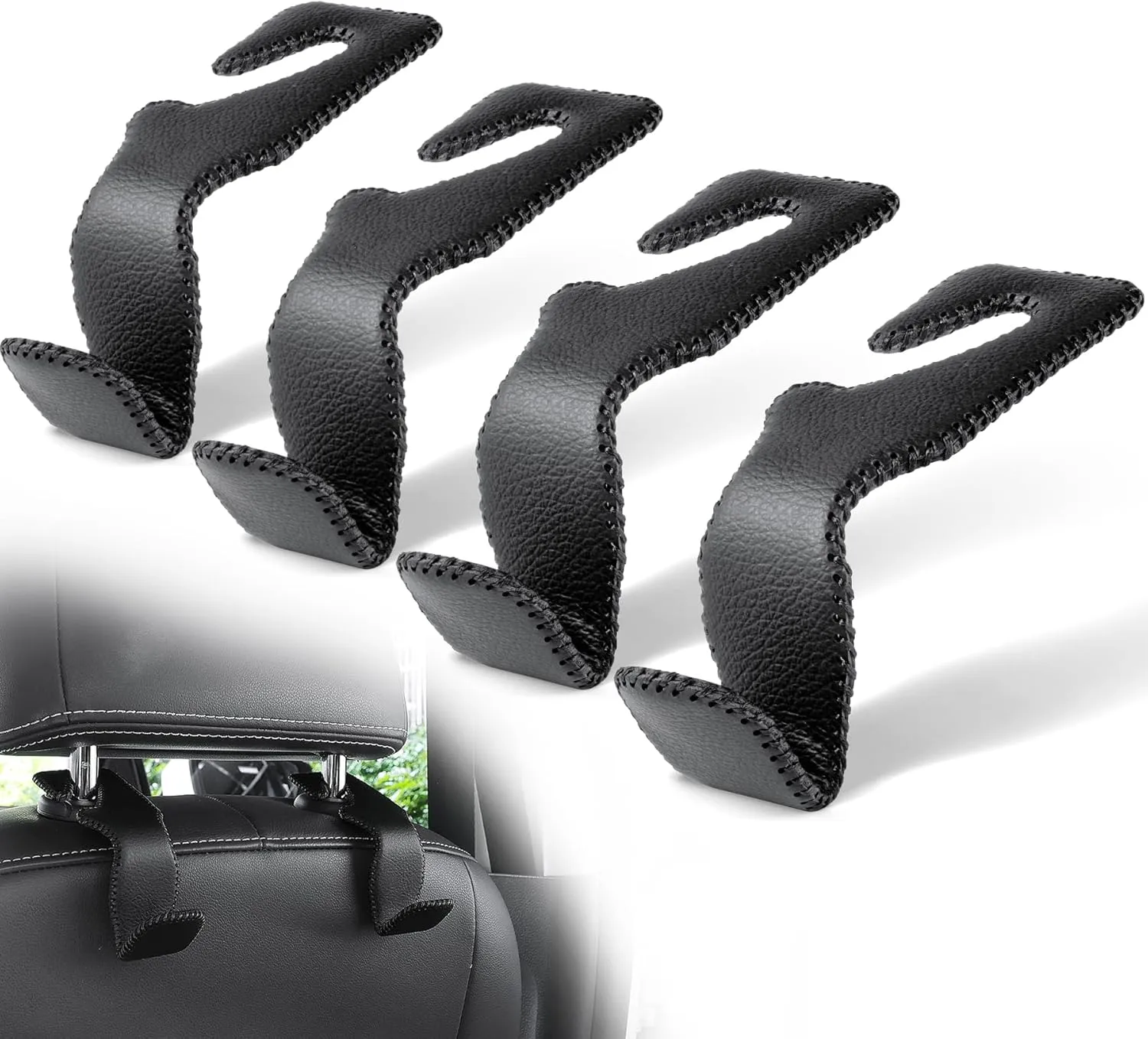 LivTee Headrest Hook for Car, Back Seat Organizer Black Leather Hanger Holder Hook, Interior Car Accessories for Hanging Purses Bags Coats, 4 Pack