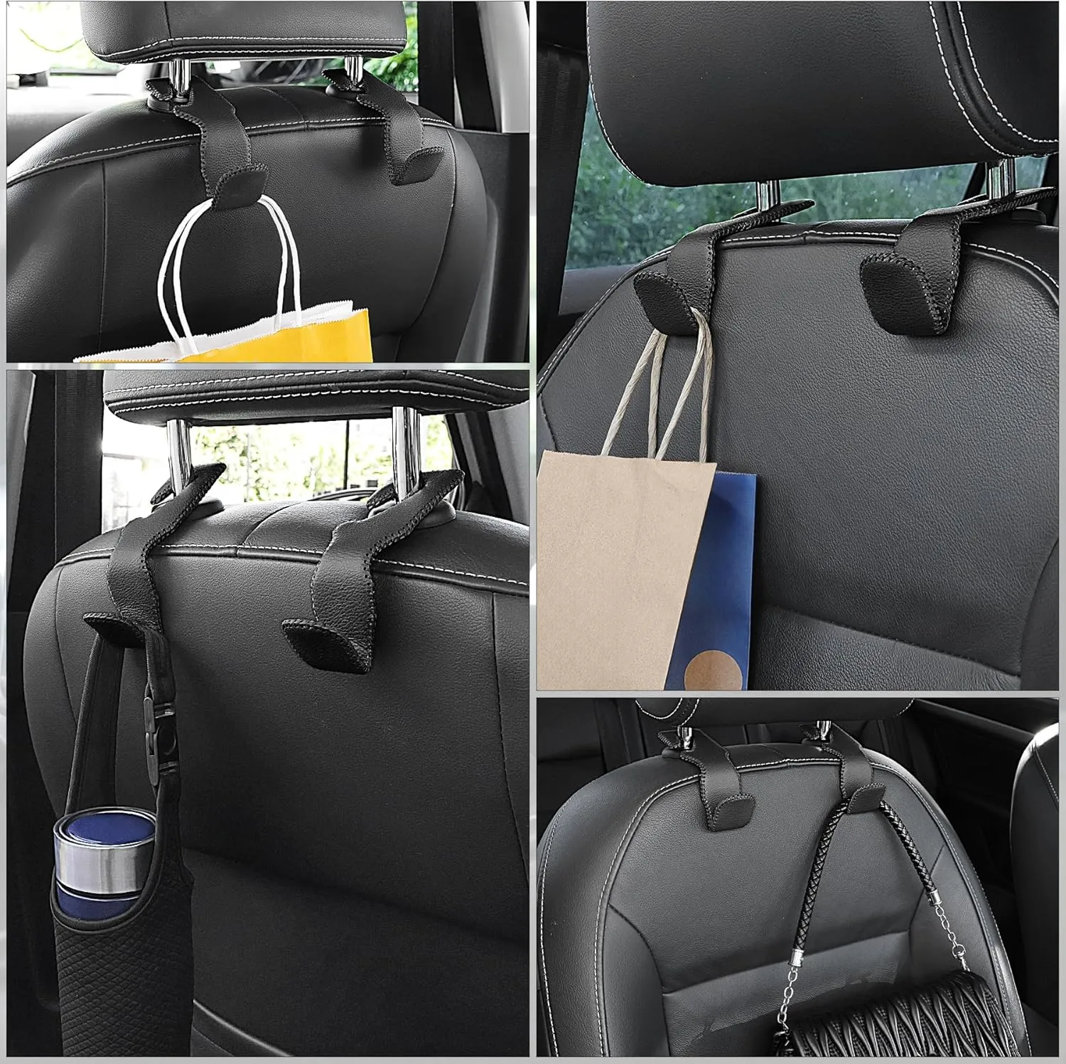 LivTee Headrest Hook for Car, Back Seat Organizer Black Leather Hanger Holder Hook, Interior Car Accessories for Hanging Purses Bags Coats, 4 Pack