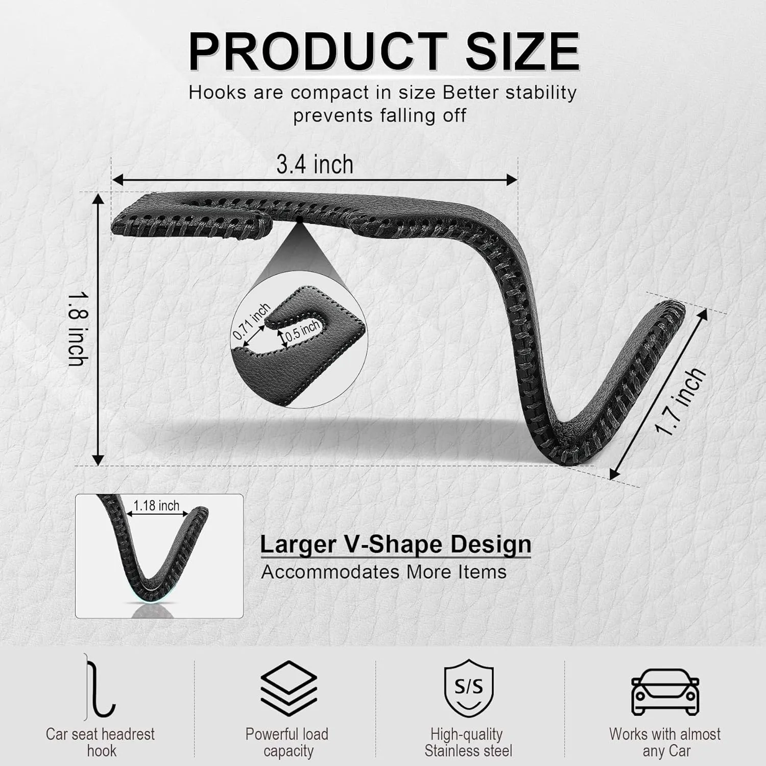 LivTee Headrest Hook for Car, Back Seat Organizer Black Leather Hanger Holder Hook, Interior Car Accessories for Hanging Purses Bags Coats, 4 Pack