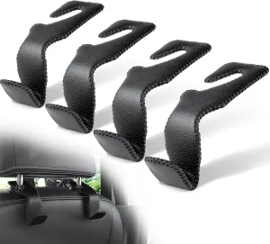 LivTee Headrest Hook for Car, Back Seat Organizer Black Leather Hanger Holder Hook, Interior Car Accessories for Hanging Purses Bags Coats, 4 Pack