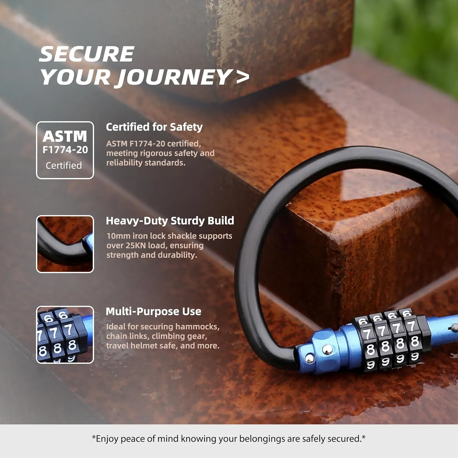Locking Carabiner Heavy Duty, 4 inch 25KN D Ring, Large Climbing Carabiner Clip with Combination Lock, Gym Carbiner, Oval Caribiner, Triangle Carbineers for Hammock Hooks, Chain Link, Backpack Secure