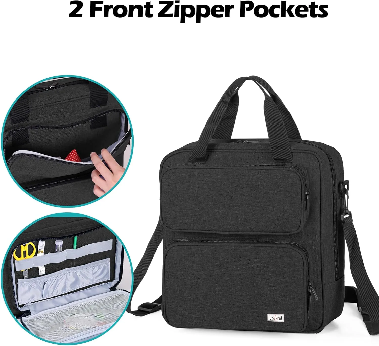 LoDrid Embroidery Storage Bag, Embroidery Project Carry Case, Portable Bag for Embroidery Kit, Craft Supplies & Cross Stitch Kits Tools, with Handles and Shoulder Strap, Black, Bag Only