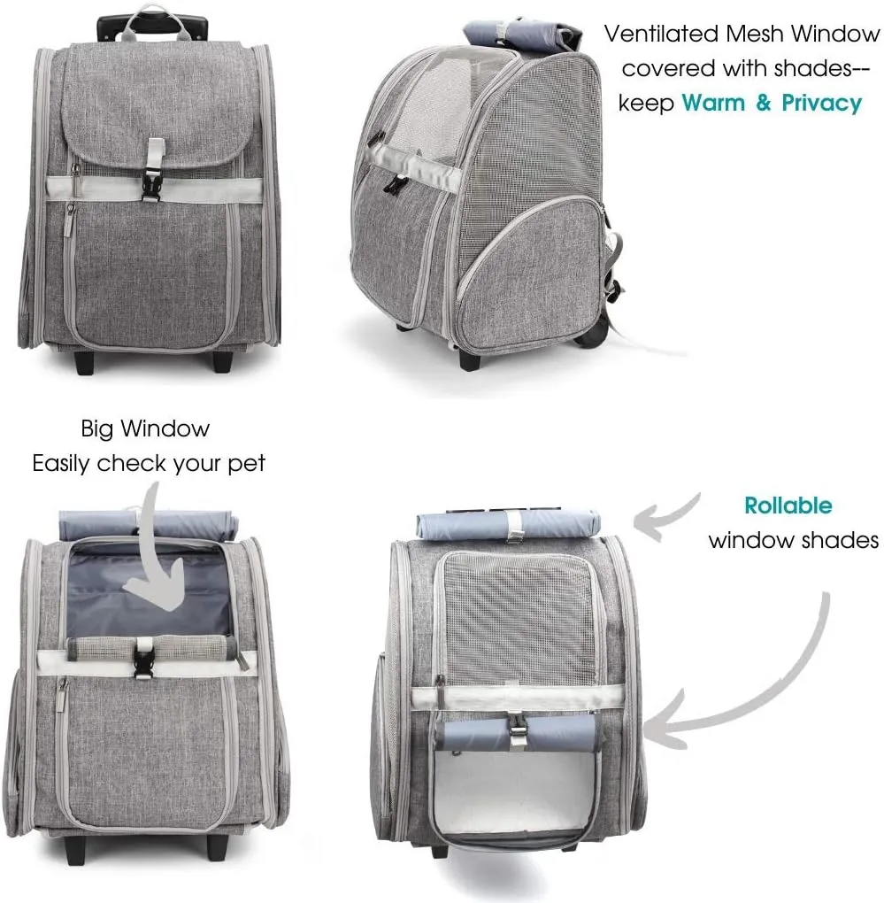 Lollimeow Pet Rolling Carrier, Dog Backpack with Wheels,Cats,Puppies Travel Bag with Wheels,Dog Trolley(Grey)