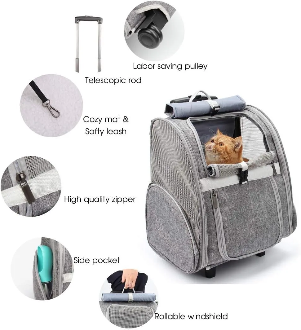 Lollimeow Pet Rolling Carrier, Dog Backpack with Wheels,Cats,Puppies Travel Bag with Wheels,Dog Trolley(Grey)