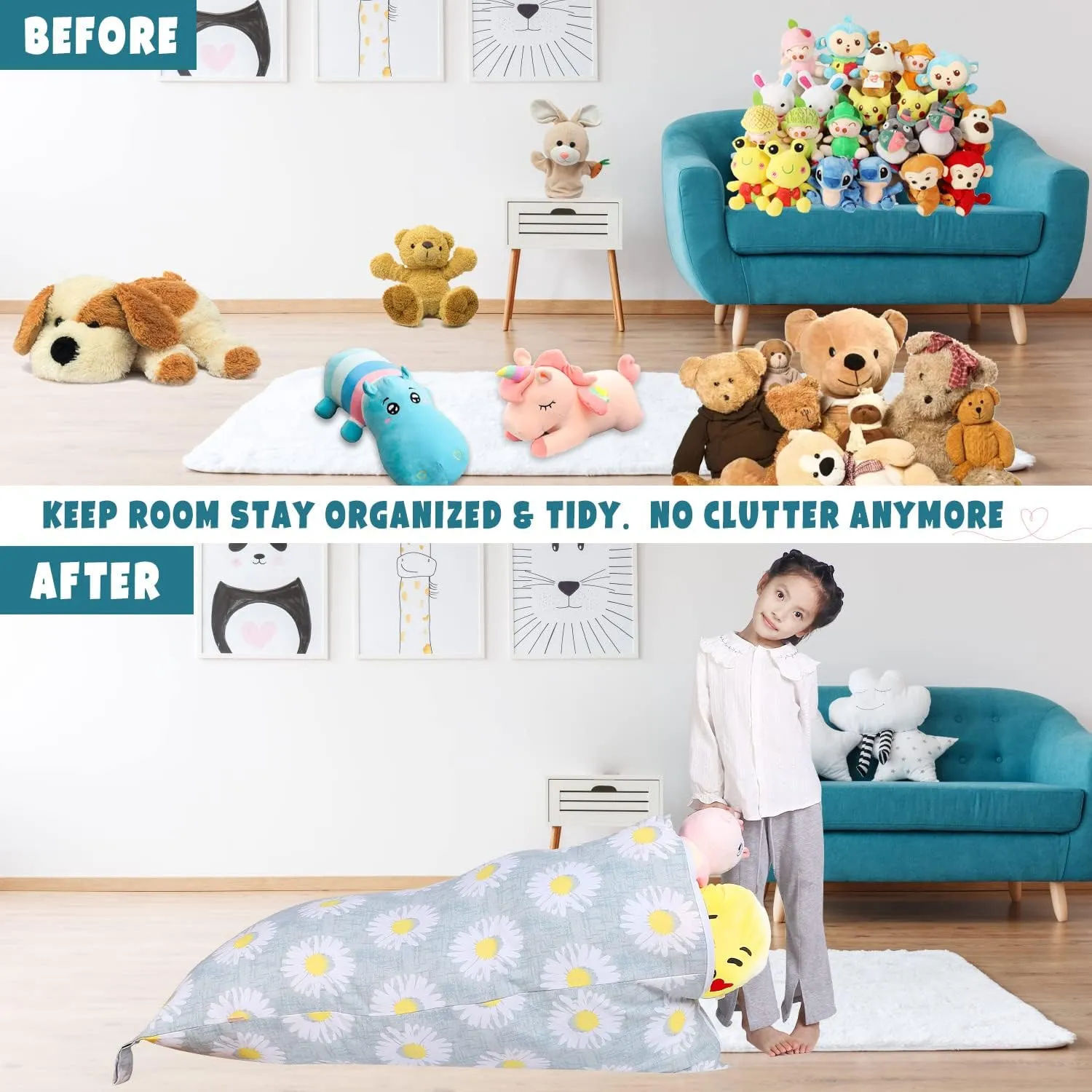 LOLOMLO Stuffed Animal Storage Bean Bag Chair Cover, Canvas Daisy Plush Toy Storage Stuff and Sit Seat for Kids/Teens/Adults, 52" x 31" Extra Large Triangle Floor Sofa Lounger, 200L/52Gal, Cover Only