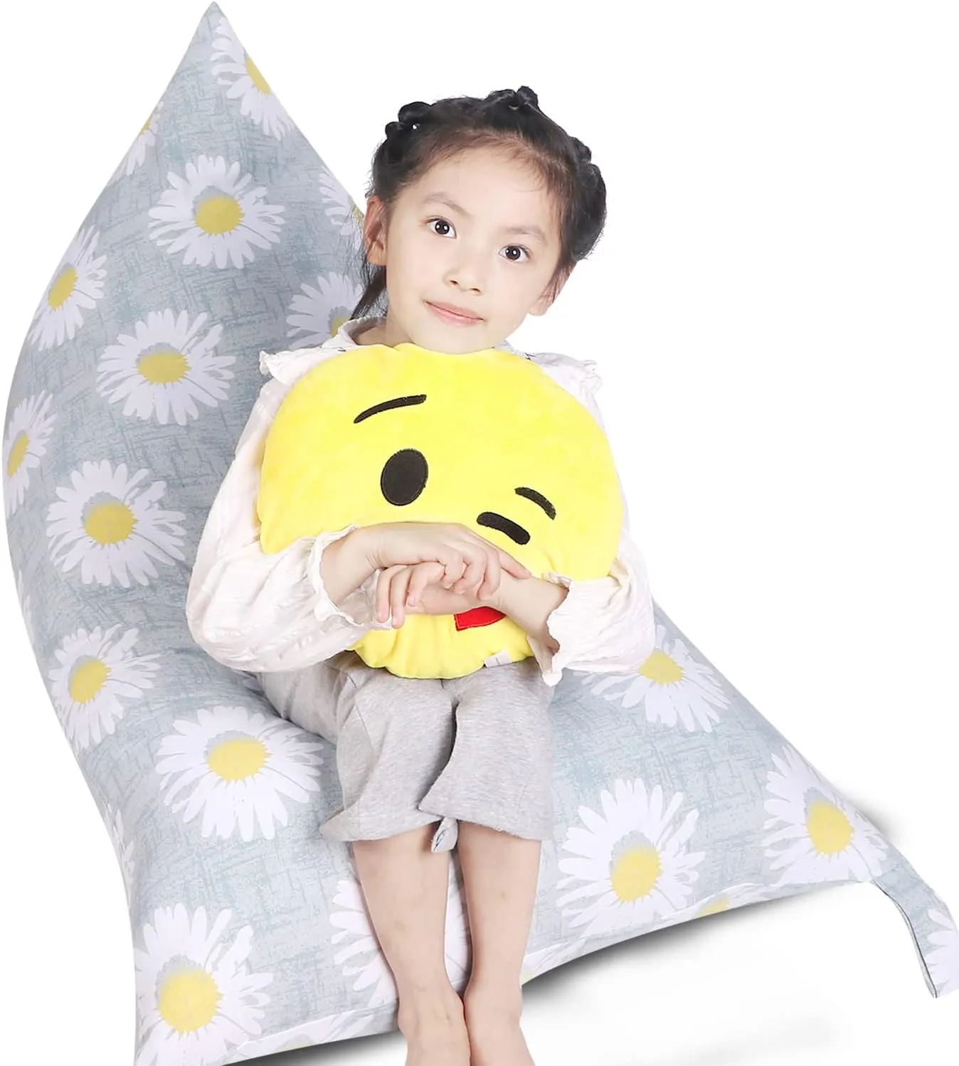 LOLOMLO Stuffed Animal Storage Bean Bag Chair Cover, Canvas Daisy Plush Toy Storage Stuff and Sit Seat for Kids/Teens/Adults, 52" x 31" Extra Large Triangle Floor Sofa Lounger, 200L/52Gal, Cover Only