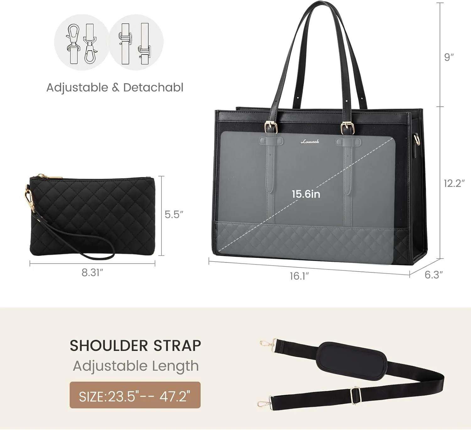 LOVEVOOK Laptop Bag for Women 15.6 inch Canvas Laptop Tote Bag, Large Capacity Work Bag with Clutch Purse, Computer Bag Office Business Briefcase, Casual Handbag for Travel College Teacher School