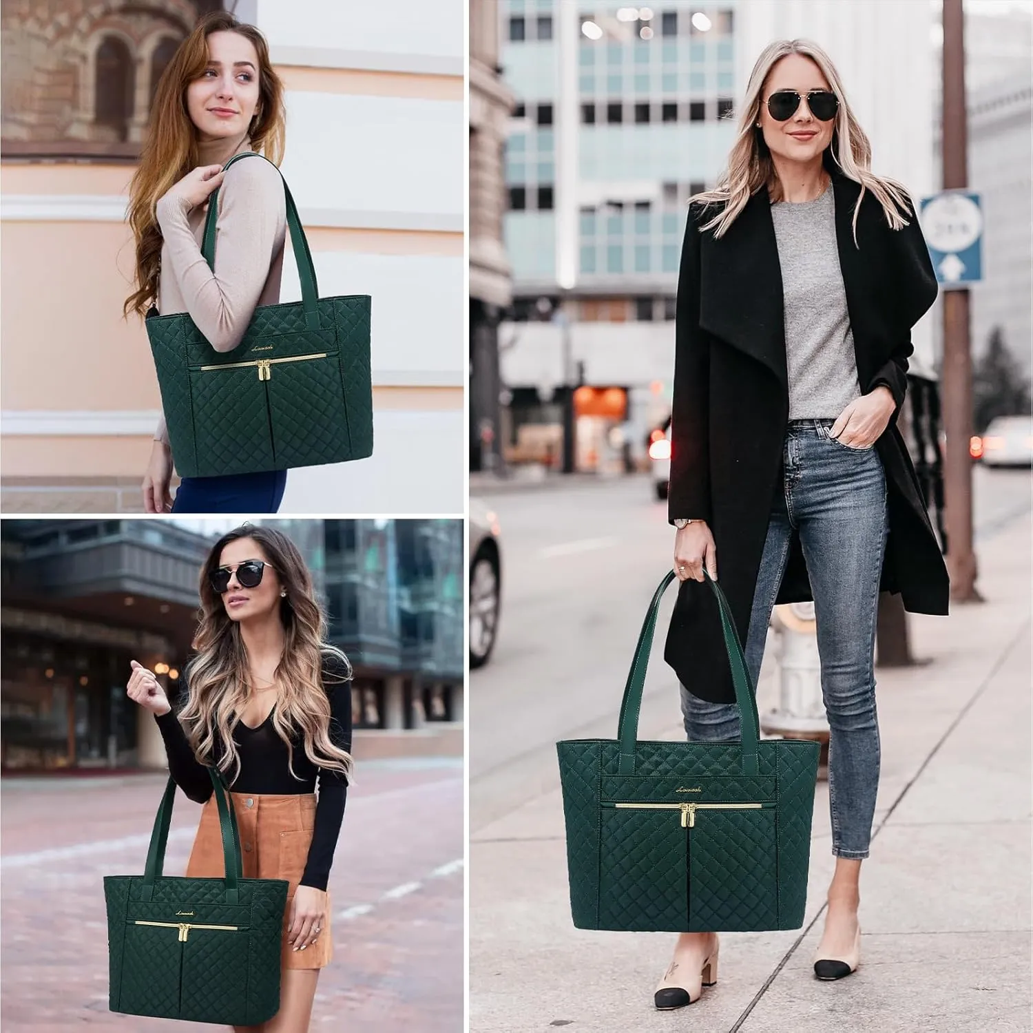LOVEVOOK Laptop Bag for Women 15.6 inch,Diamond Quilted Work Womens Laptops Tote Bag Computer Shoulder Bags,Stylish Travel Tote Bag Laptop Purse Briefcase Handbag with Clutch Purse,Dark Green