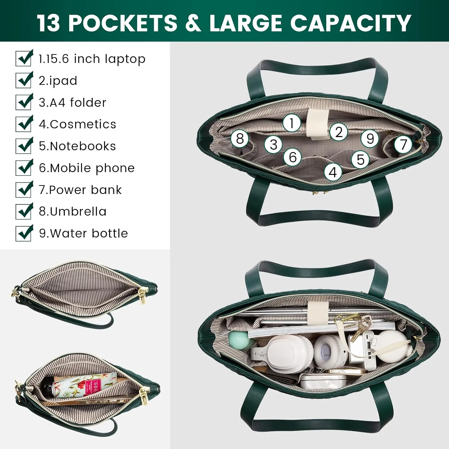 LOVEVOOK Laptop Bag for Women 15.6 inch,Diamond Quilted Work Womens Laptops Tote Bag Computer Shoulder Bags,Stylish Travel Tote Bag Laptop Purse Briefcase Handbag with Clutch Purse,Dark Green
