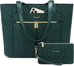 LOVEVOOK Laptop Bag for Women 15.6 inch,Diamond Quilted Work Womens Laptops Tote Bag Computer Shoulder Bags,Stylish Travel Tote Bag Laptop Purse Briefcase Handbag with Clutch Purse,Dark Green