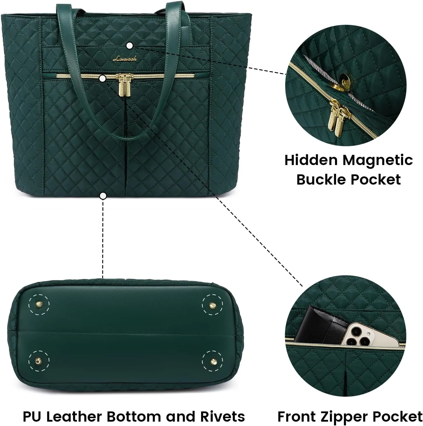 LOVEVOOK Laptop Bag for Women 15.6 inch,Diamond Quilted Work Womens Laptops Tote Bag Computer Shoulder Bags,Stylish Travel Tote Bag Laptop Purse Briefcase Handbag with Clutch Purse,Dark Green