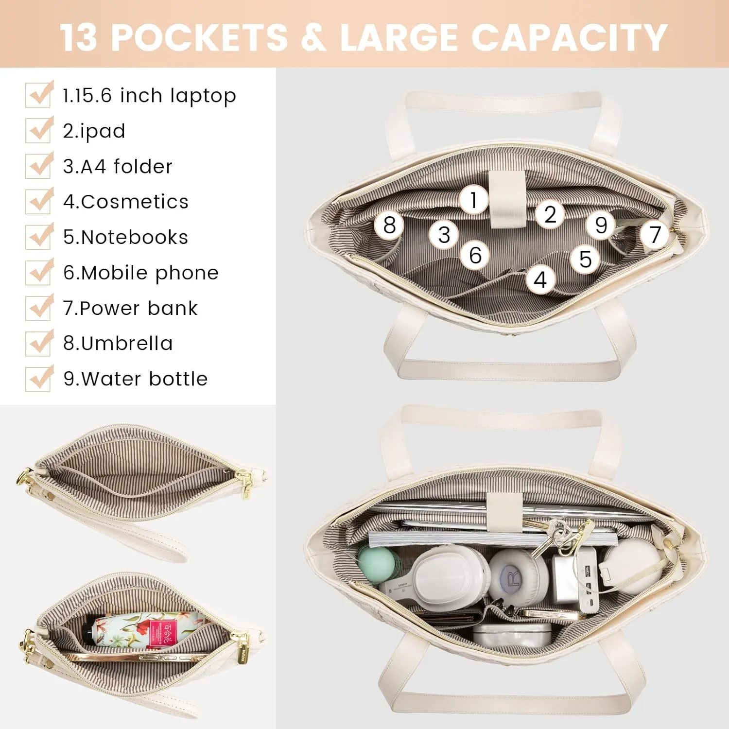 LOVEVOOK Laptop Bag for Women 17 inch,Diamond Quilted Work Tote Bags Womens Laptop Tote Bag Computer Shoulder Bags,Stylish Travel Tote Bags Laptop Purse Briefcase Handbag with Clutch Purse,Off-white