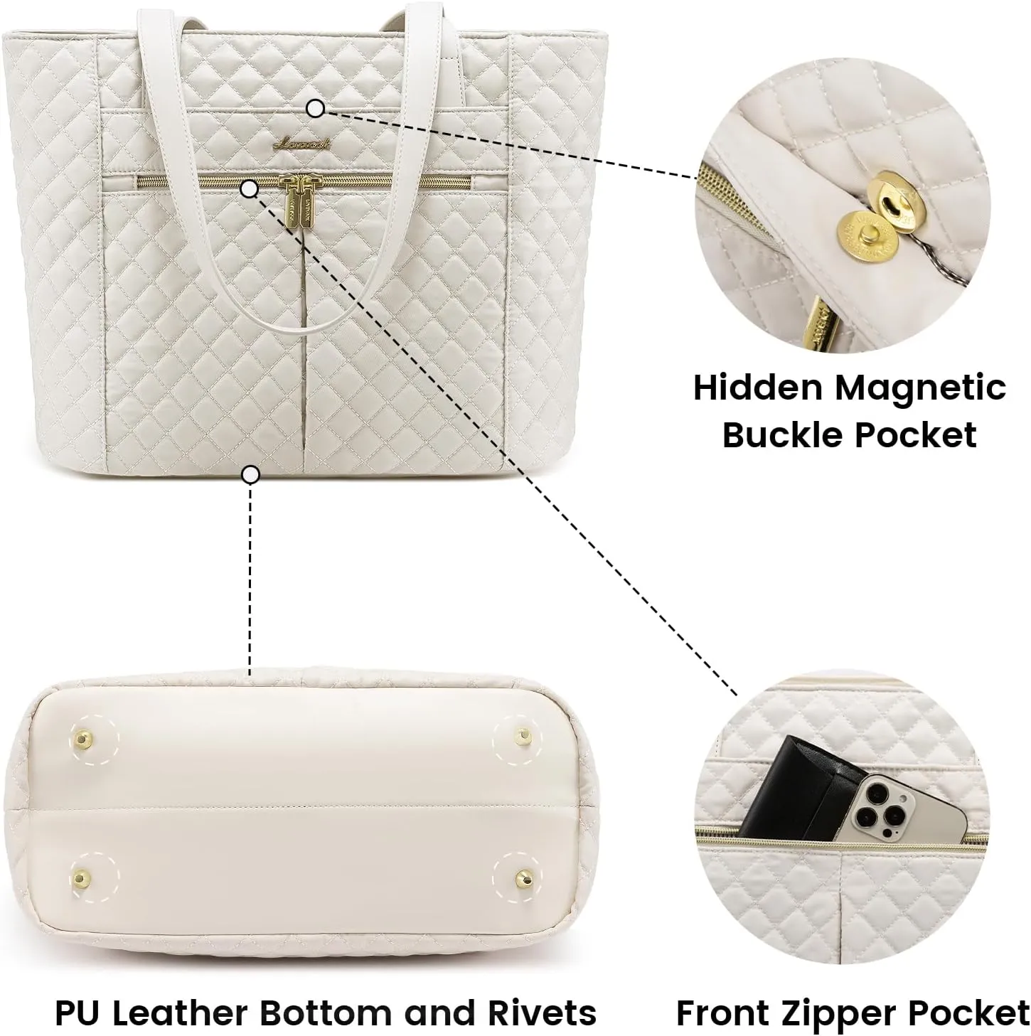 LOVEVOOK Laptop Bag for Women 17 inch,Diamond Quilted Work Tote Bags Womens Laptop Tote Bag Computer Shoulder Bags,Stylish Travel Tote Bags Laptop Purse Briefcase Handbag with Clutch Purse,Off-white