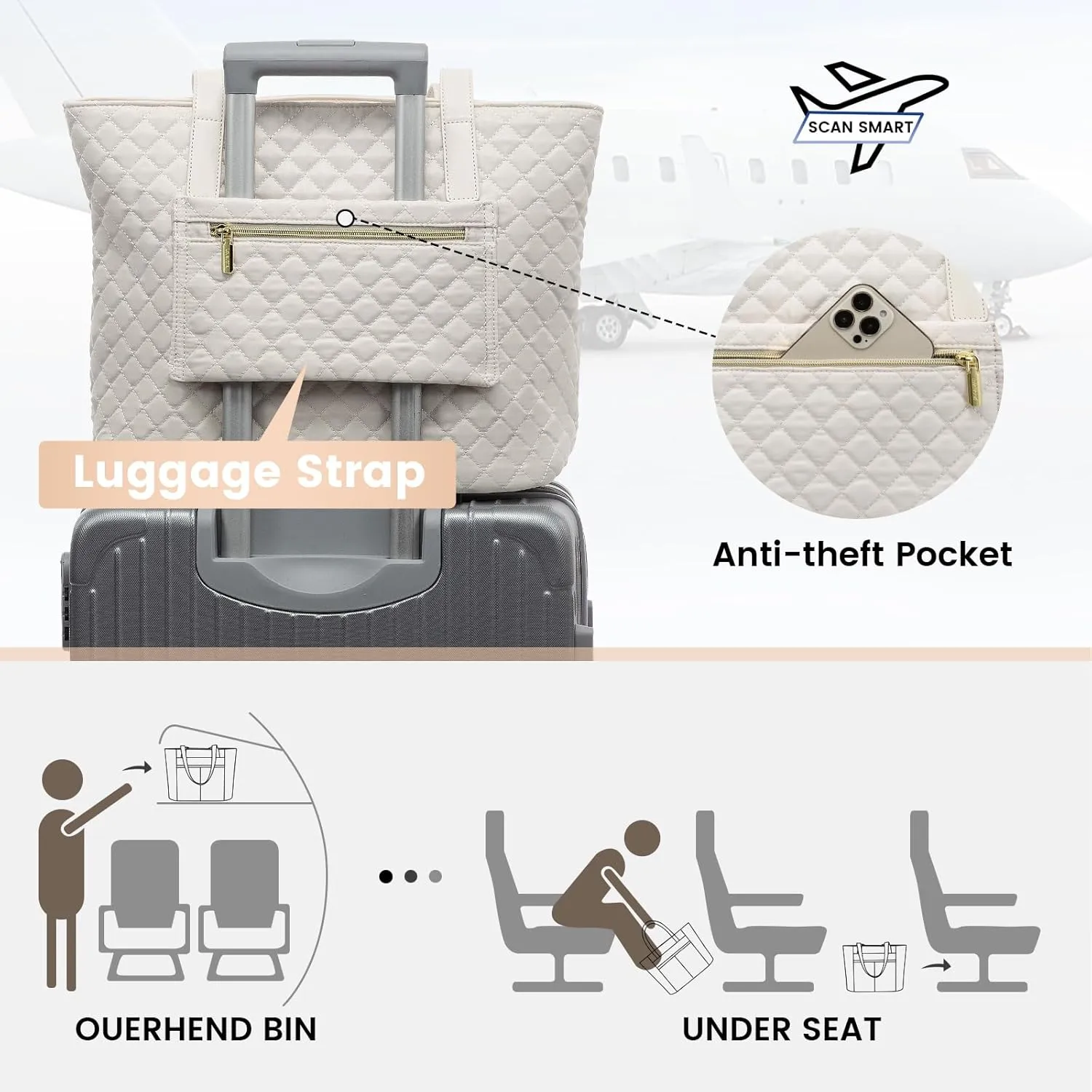 LOVEVOOK Laptop Bag for Women 17 inch,Diamond Quilted Work Tote Bags Womens Laptop Tote Bag Computer Shoulder Bags,Stylish Travel Tote Bags Laptop Purse Briefcase Handbag with Clutch Purse,Off-white