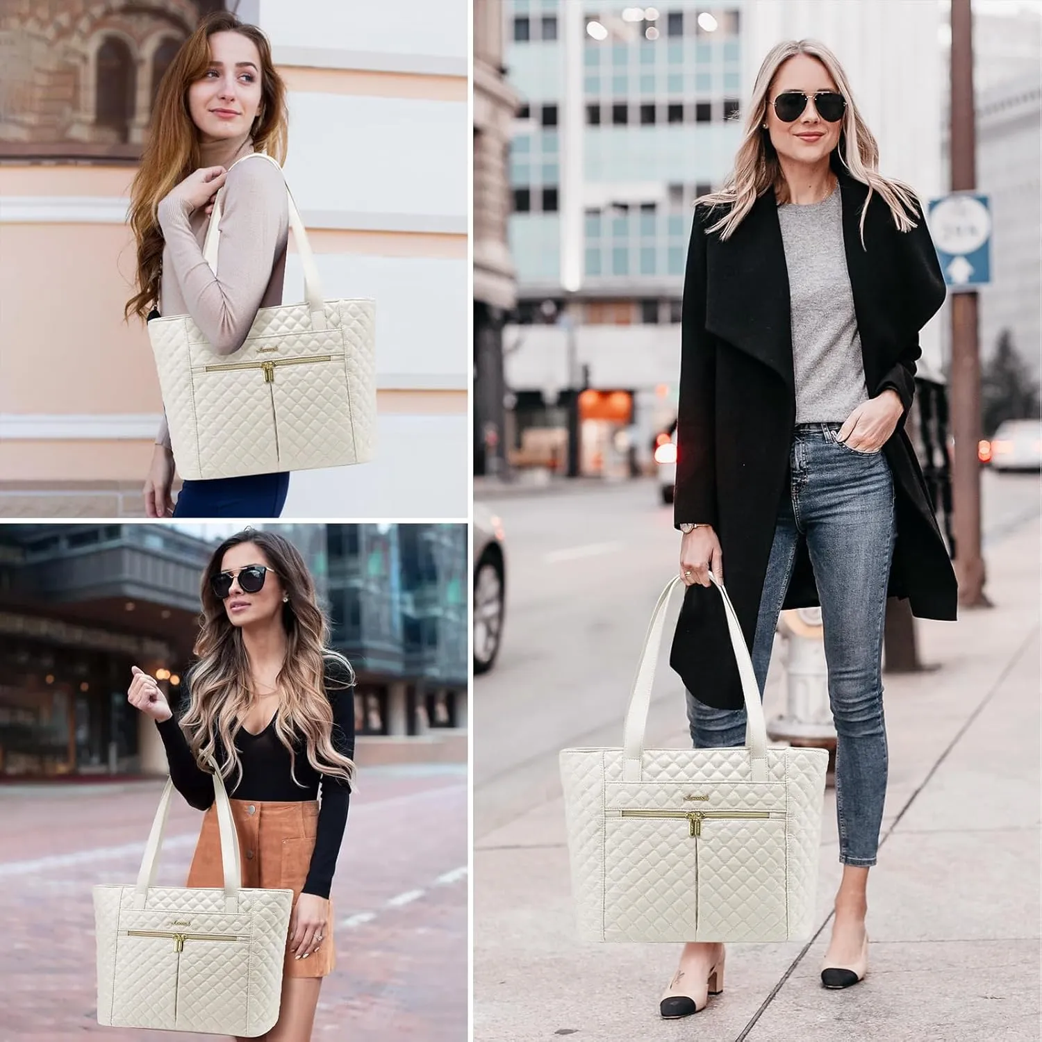 LOVEVOOK Laptop Bag for Women 17 inch,Diamond Quilted Work Tote Bags Womens Laptop Tote Bag Computer Shoulder Bags,Stylish Travel Tote Bags Laptop Purse Briefcase Handbag with Clutch Purse,Off-white