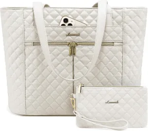 LOVEVOOK Laptop Bag for Women 17 inch,Diamond Quilted Work Tote Bags Womens Laptop Tote Bag Computer Shoulder Bags,Stylish Travel Tote Bags Laptop Purse Briefcase Handbag with Clutch Purse,Off-white