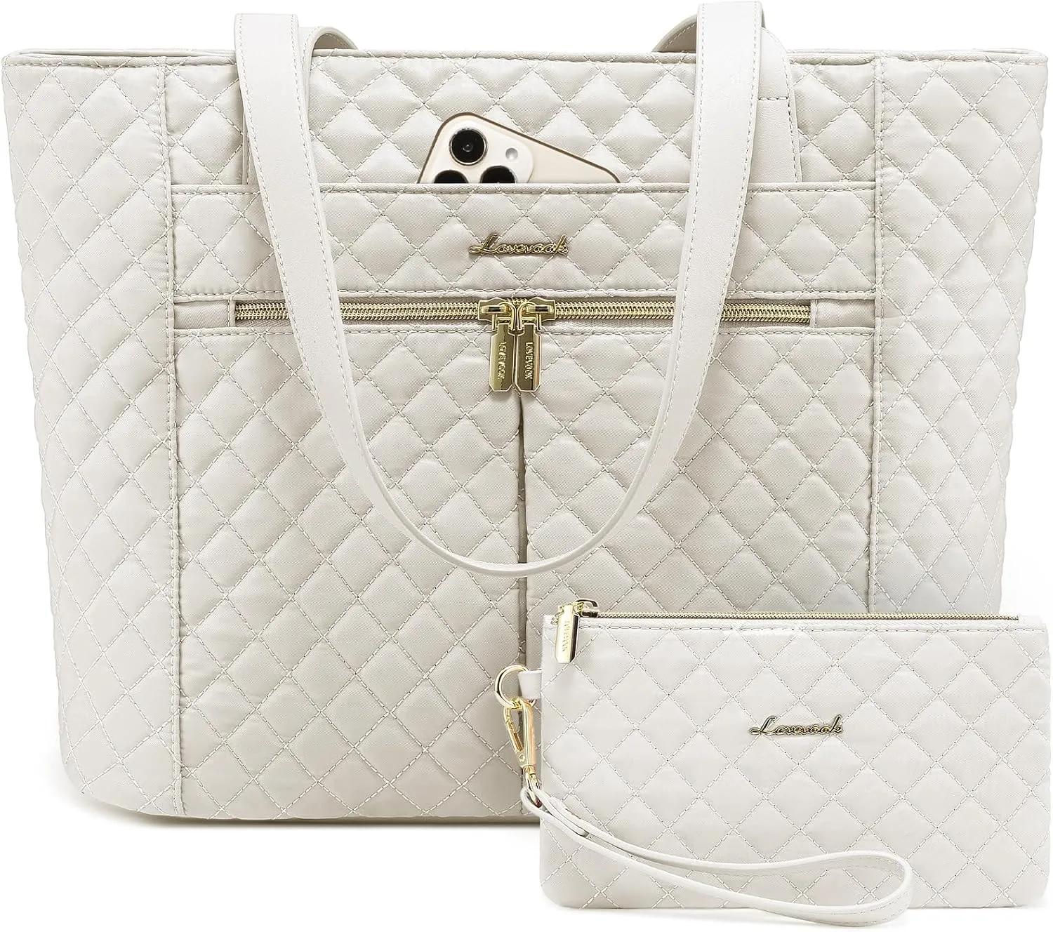 LOVEVOOK Laptop Bag for Women 17 inch,Diamond Quilted Work Tote Bags Womens Laptop Tote Bag Computer Shoulder Bags,Stylish Travel Tote Bags Laptop Purse Briefcase Handbag with Clutch Purse,Off-white