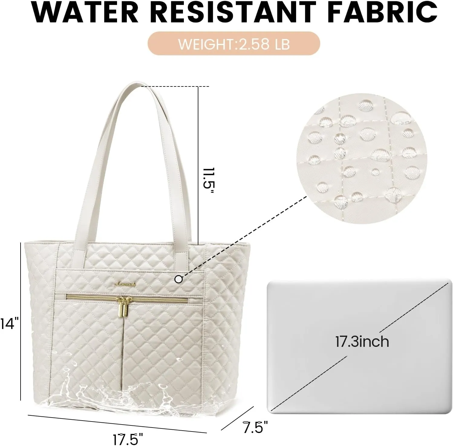 LOVEVOOK Laptop Bag for Women 17 inch,Diamond Quilted Work Tote Bags Womens Laptop Tote Bag Computer Shoulder Bags,Stylish Travel Tote Bags Laptop Purse Briefcase Handbag with Clutch Purse,Off-white