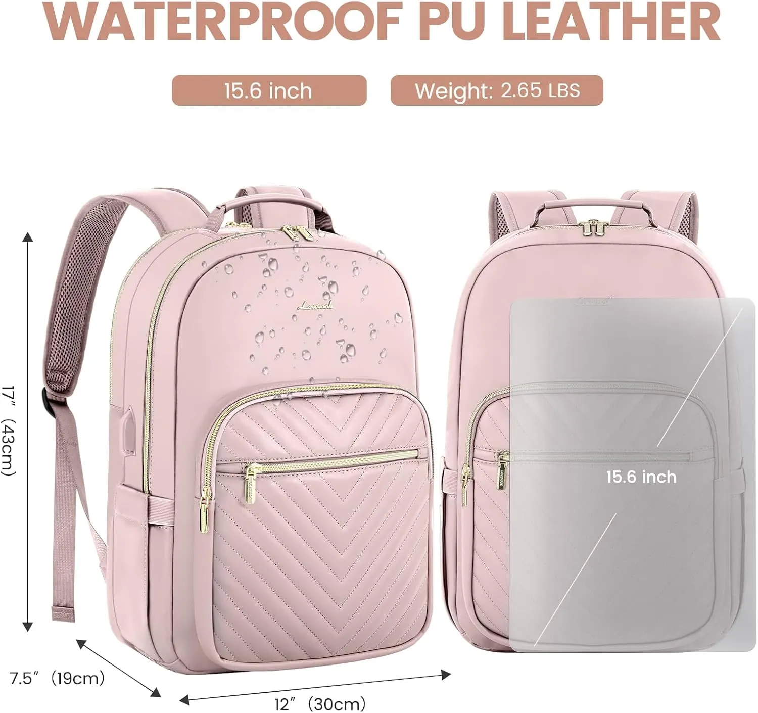 LOVEVOOK Leather Backpacks for Women,15.6 inch Leather Laptop Backpack Women Computer Backpack Laptop Bag,Stylish Quilted Travel Backpack Purse Work College Teacher Backpacks with USB Port,Rose Pink