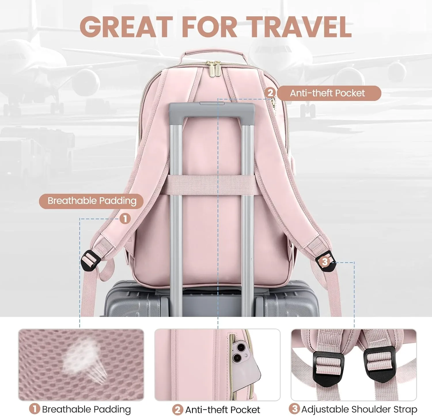 LOVEVOOK Leather Backpacks for Women,15.6 inch Leather Laptop Backpack Women Computer Backpack Laptop Bag,Stylish Quilted Travel Backpack Purse Work College Teacher Backpacks with USB Port,Rose Pink