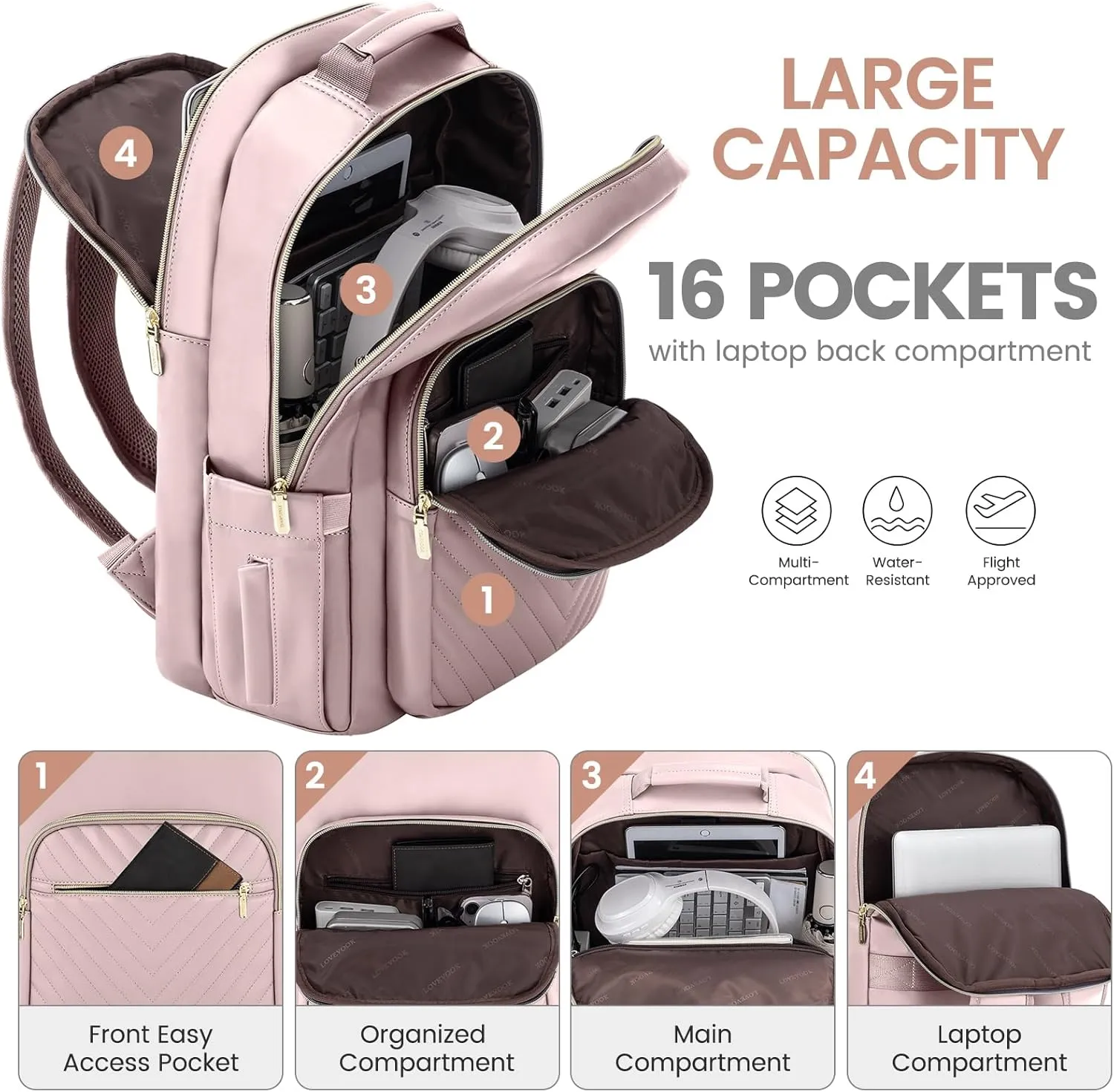 LOVEVOOK Leather Backpacks for Women,15.6 inch Leather Laptop Backpack Women Computer Backpack Laptop Bag,Stylish Quilted Travel Backpack Purse Work College Teacher Backpacks with USB Port,Rose Pink