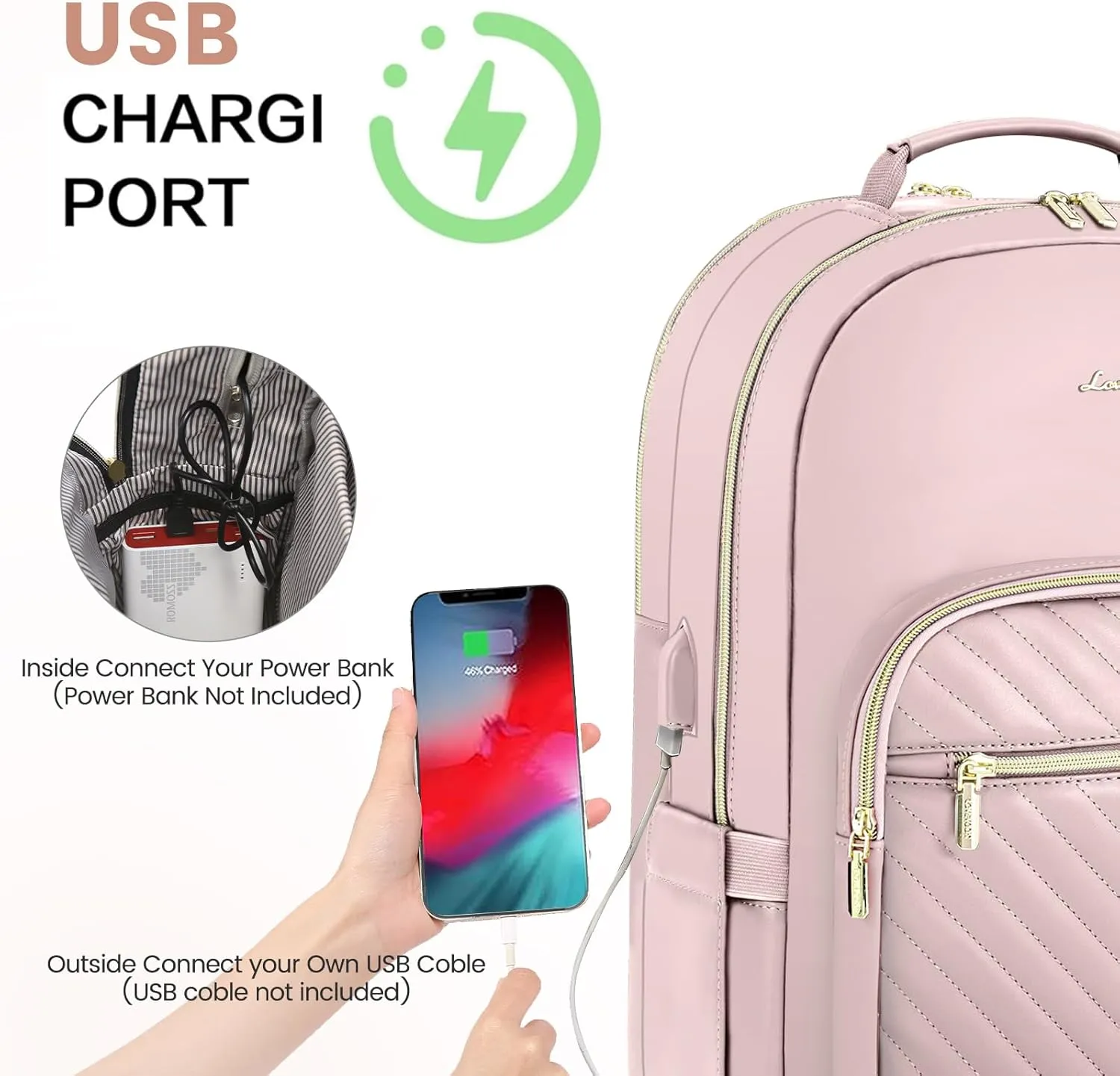 LOVEVOOK Leather Backpacks for Women,15.6 inch Leather Laptop Backpack Women Computer Backpack Laptop Bag,Stylish Quilted Travel Backpack Purse Work College Teacher Backpacks with USB Port,Rose Pink