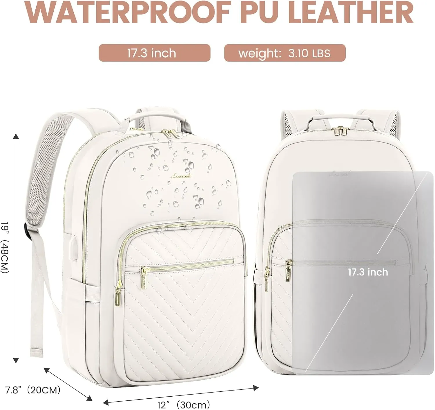 LOVEVOOK Leather Backpacks for Women,17.3 inch Leather Laptop Backpack Women Computer Backpack Laptop Bag,Stylish Quilted Travel Backpack Purse Work College Teacher Backpacks with USB Port,Off-white