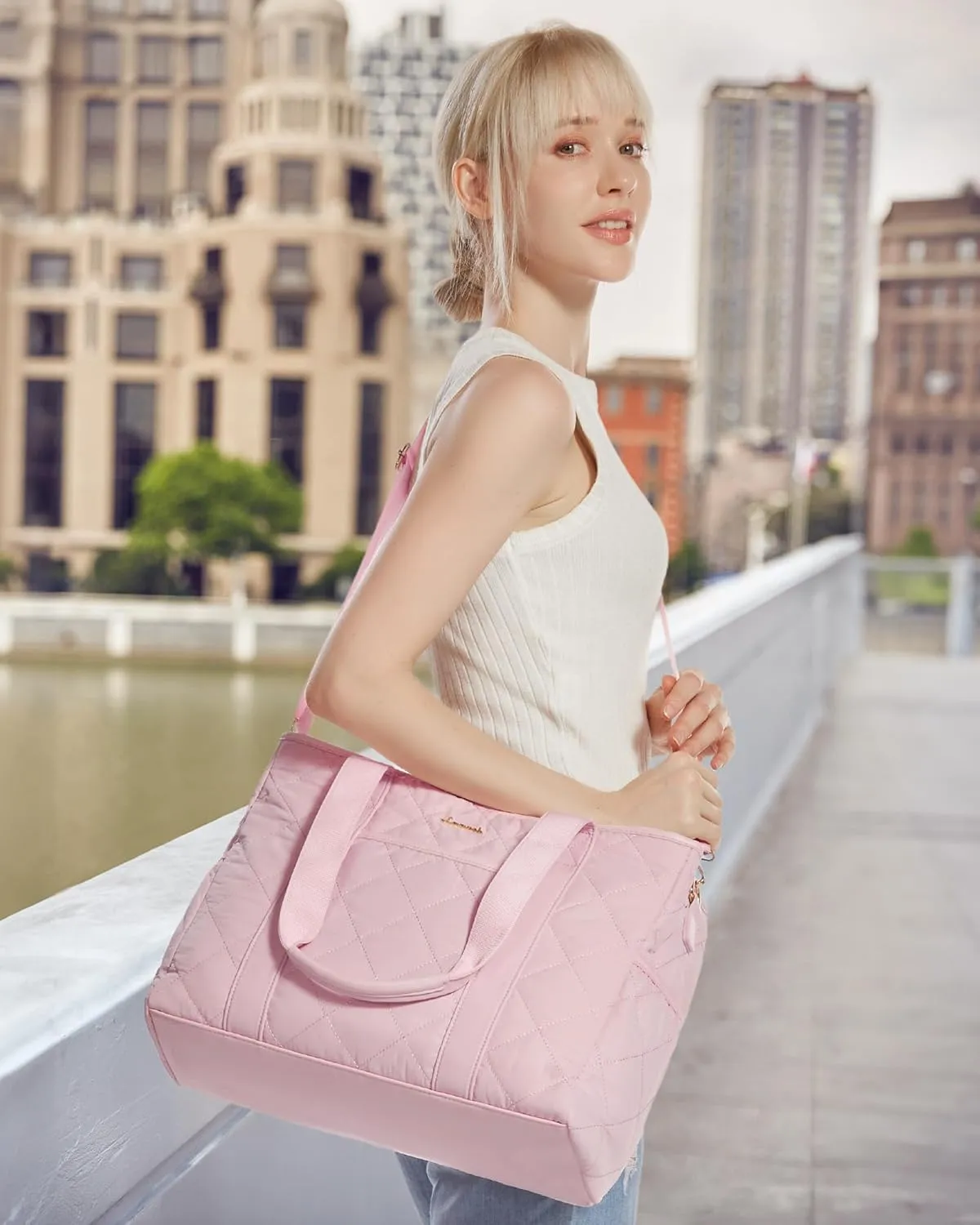LOVEVOOK Tote Bag for Women, Quilted Puffer 15.6 Inch Laptop Handbag with Zipper, Large Lightweight Shoulder Bag