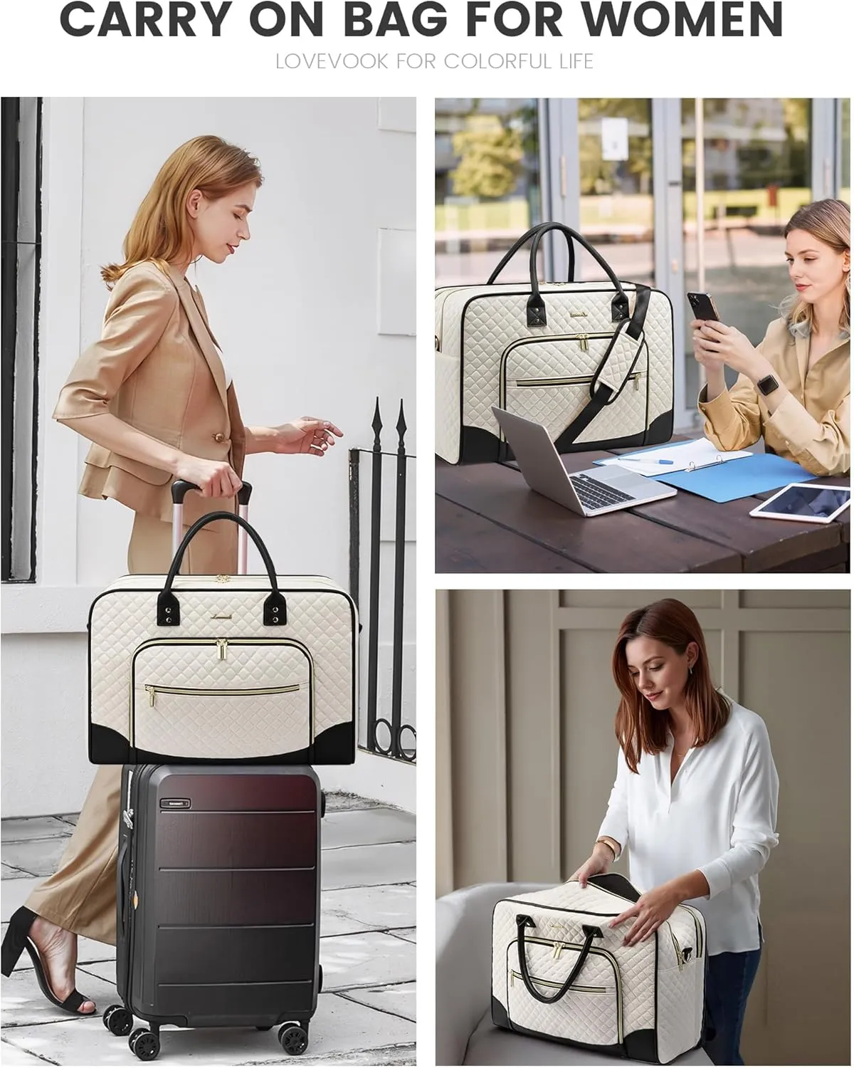 LOVEVOOK Weekender Bag for Women, Large Travel Duffle with Toiletry Shoes Bag, Carry on Overnight with Laptop Compartment for Airplane Business Trips Wet Pocket 4Pcs Set