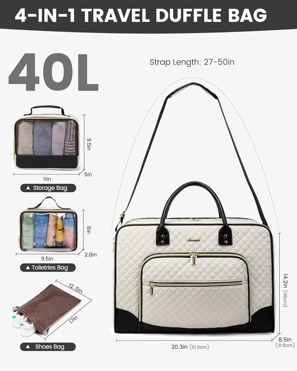 LOVEVOOK Weekender Bag for Women, Large Travel Duffle with Toiletry Shoes Bag, Carry on Overnight with Laptop Compartment for Airplane Business Trips Wet Pocket 4Pcs Set