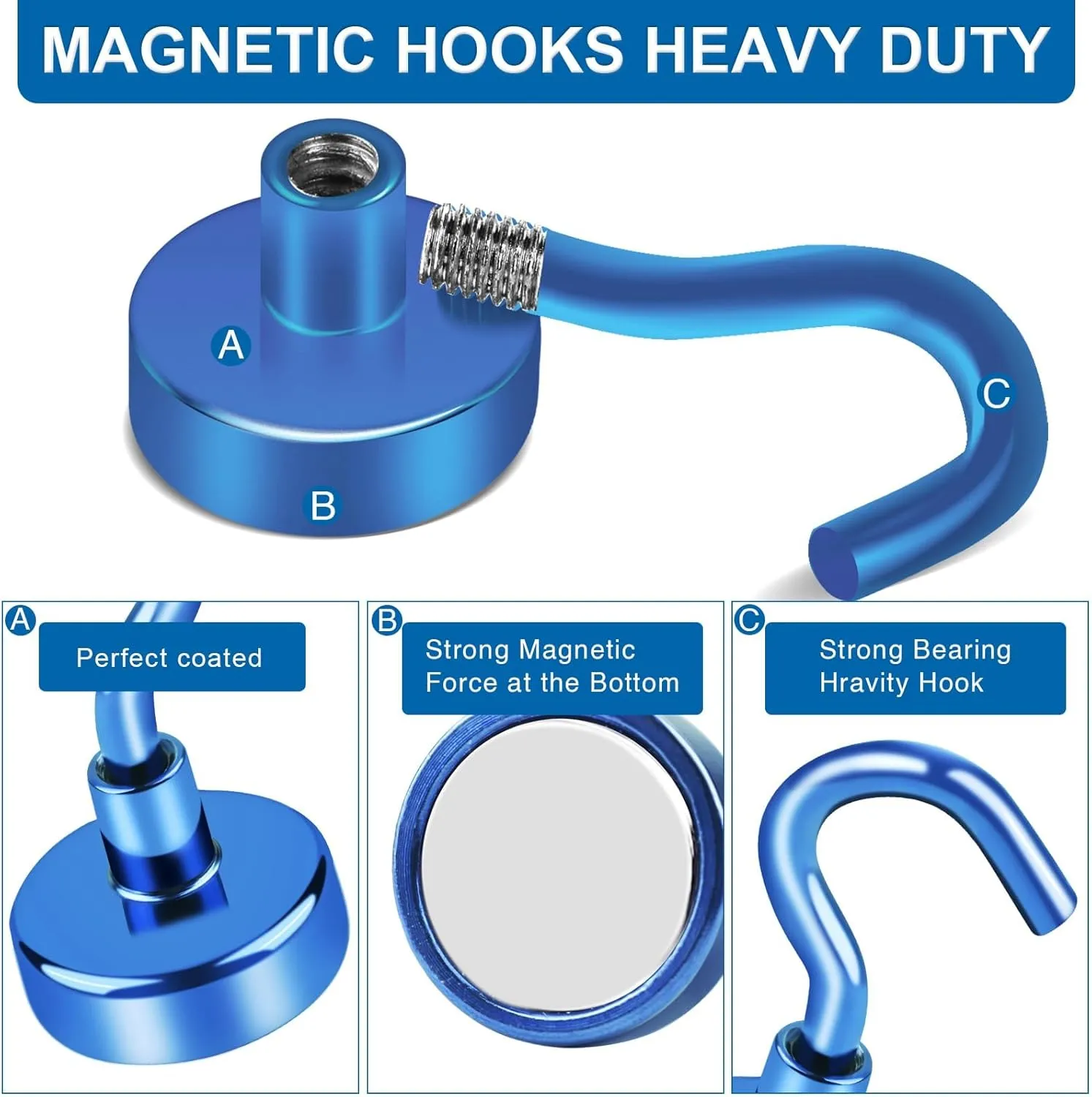LOVIMAG Magnetic Hooks for Cruise Cabins, 110lbs Blue Magnetic Hooks for Classroom, Strong Magnets with Hooks for Hanging, Neodymium Magnet Hooks for Fridge, Ceiling, Locker, Camper, Travel-25 Pcs