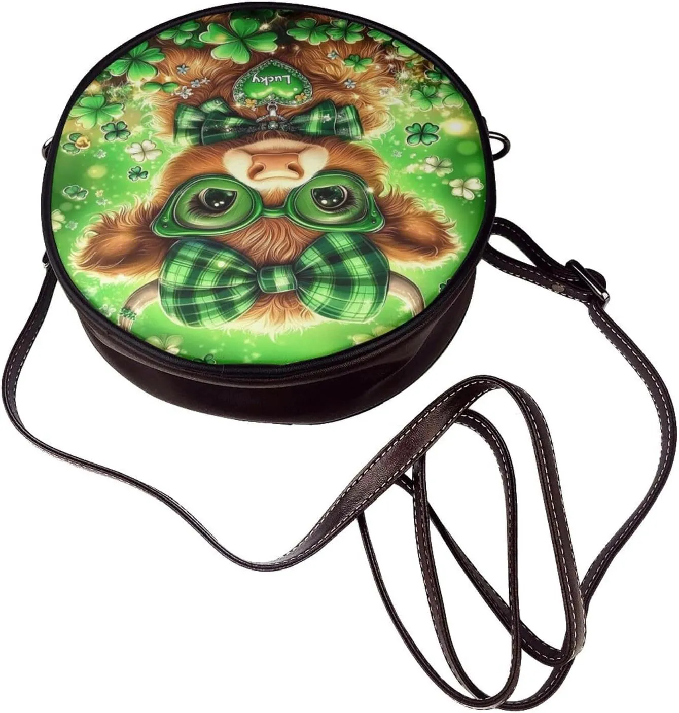 Luck And Hope Four-Leaf Clover Women Round Crossbody Bags Leather Sling Bag Purse
