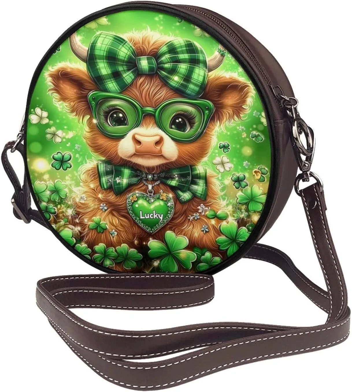 Luck And Hope Four-Leaf Clover Women Round Crossbody Bags Leather Sling Bag Purse