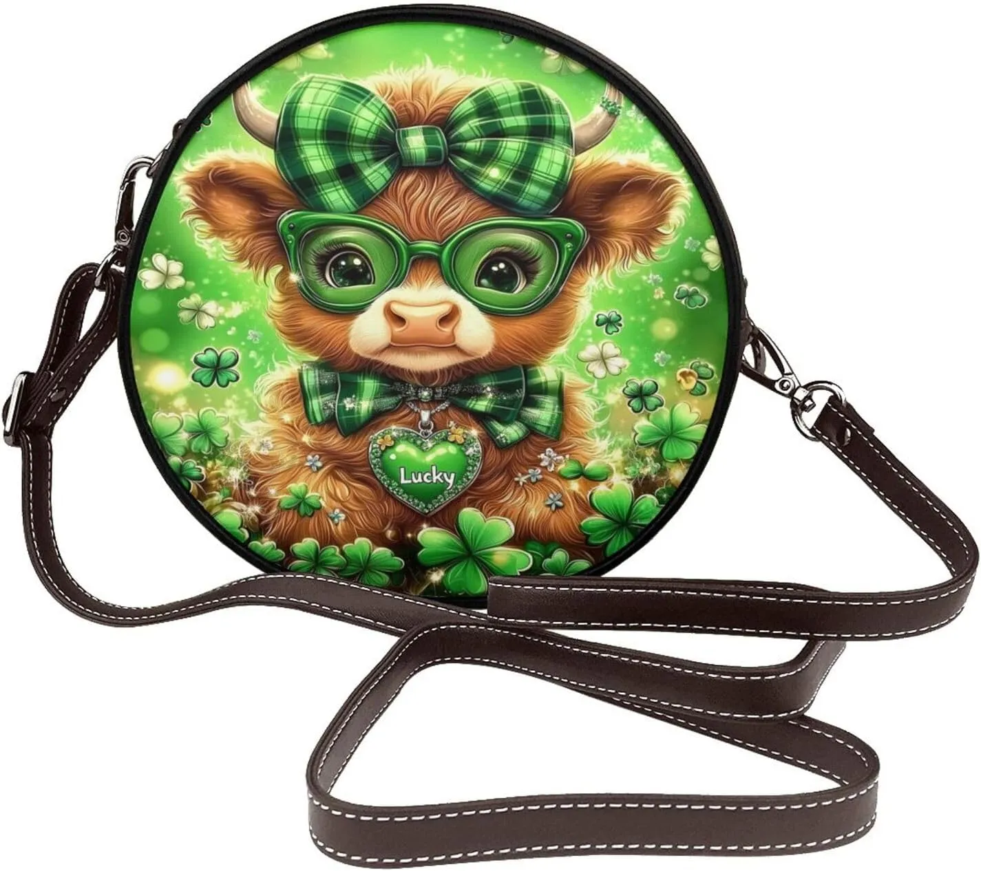 Luck And Hope Four-Leaf Clover Women Round Crossbody Bags Leather Sling Bag Purse