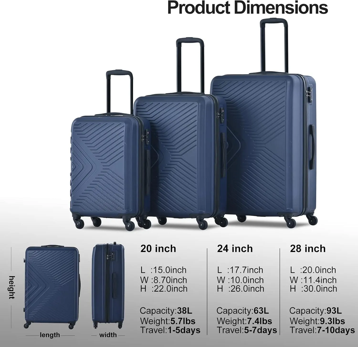 Luggage Sets Wear-Resistance Hardside Lightweight Suitcase Double Spinner Wheels, TSA Lock,Two Hooks, Scratch-resistant Carry-on,3 Piece Set(20inch 24inch 28inch) (Blue-65)